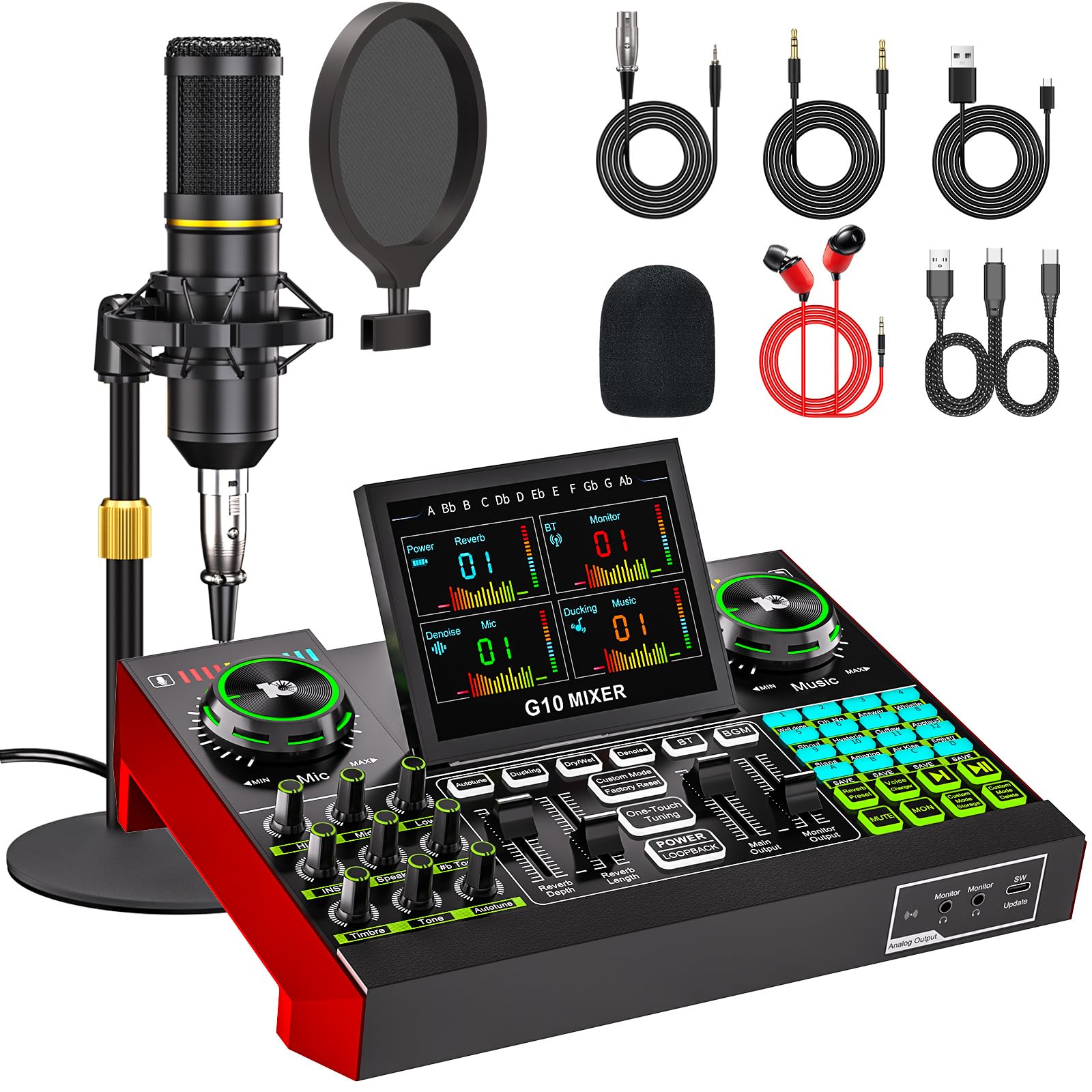 Podcast Microphone Bundle with Live Sound Card Audio Mixer, Podcast Equipment Bundle with 3.5mm Condenser Microphone for Pc/Phone Live Streaming Singing Gaming, Sound Board with Voice Changer, Denoise
