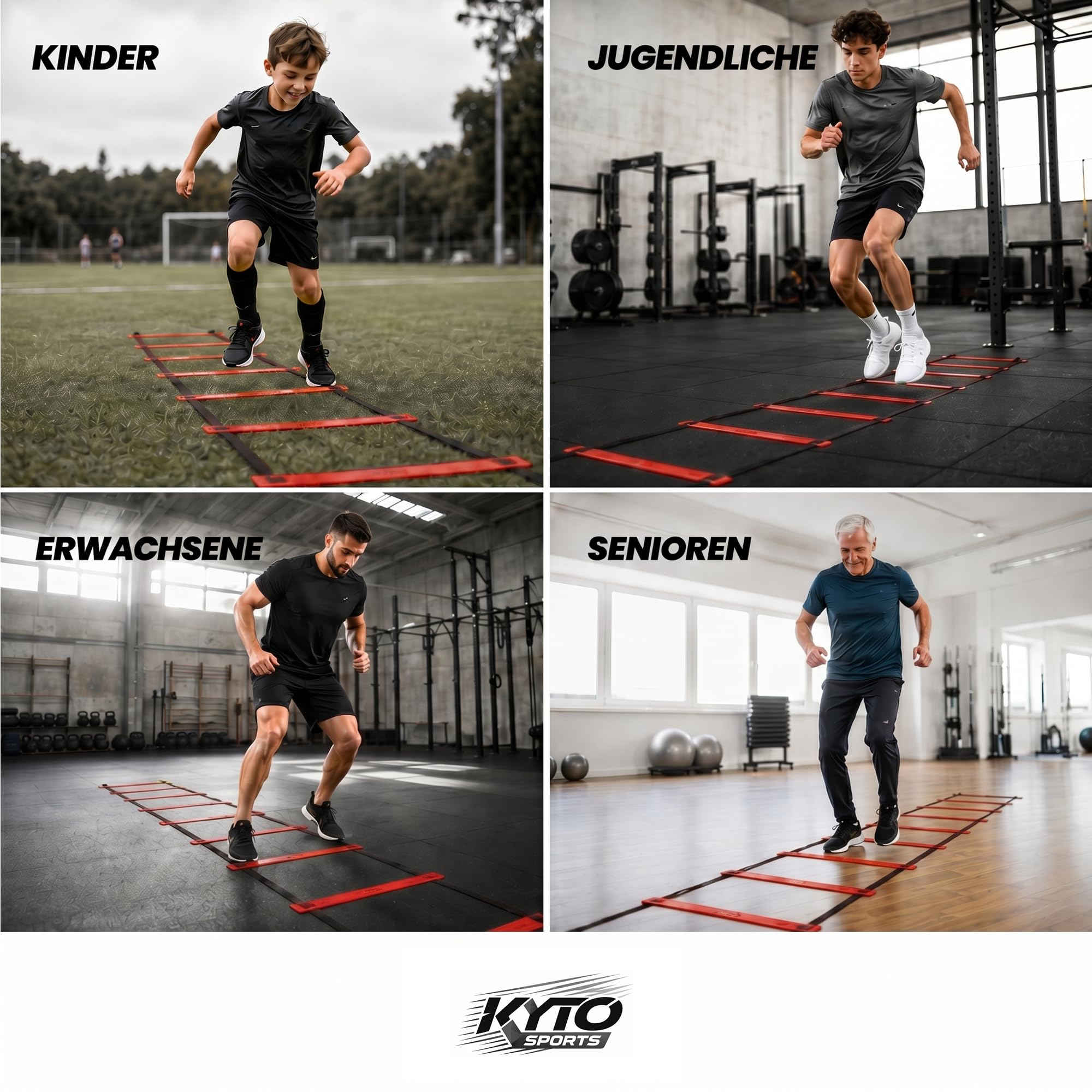 Kyto Sports Fußball Trainingsset 3-teilig – Rebounder 100x100 cm, 50 Markierungshütchen & Koordinationsleiter 6 m – Techniktraining, Agility, Schnelligkeit, Footwork & Ausdauer