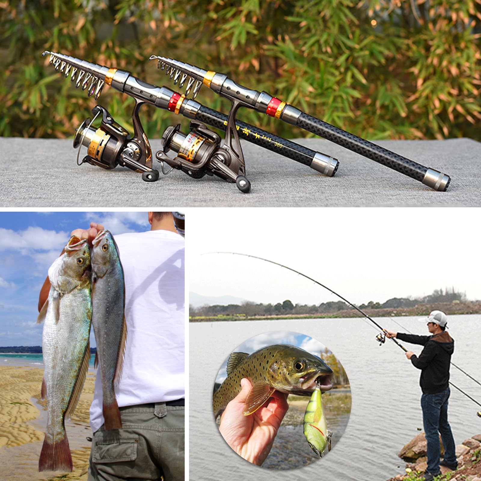 Lixada 2-teiliges Angelruten- und Rollen-Set, Teleskop-Angelrute aus Kohlefaser mit Spinnrollen-Set, Tragetasche, Koffer, Salzwasser/Süßwasser, Reise-Angelköder, Jighaken, komplettes Set