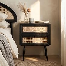 NTC Solid Oak Drawer Face Lulu Nightstand with Natural Rattan Drawer, Mid-Century Side Table for Bedroom, Bedside Furniture, End Table Waterproof, Heat Resistant, Easy to Assemble Burnt Black