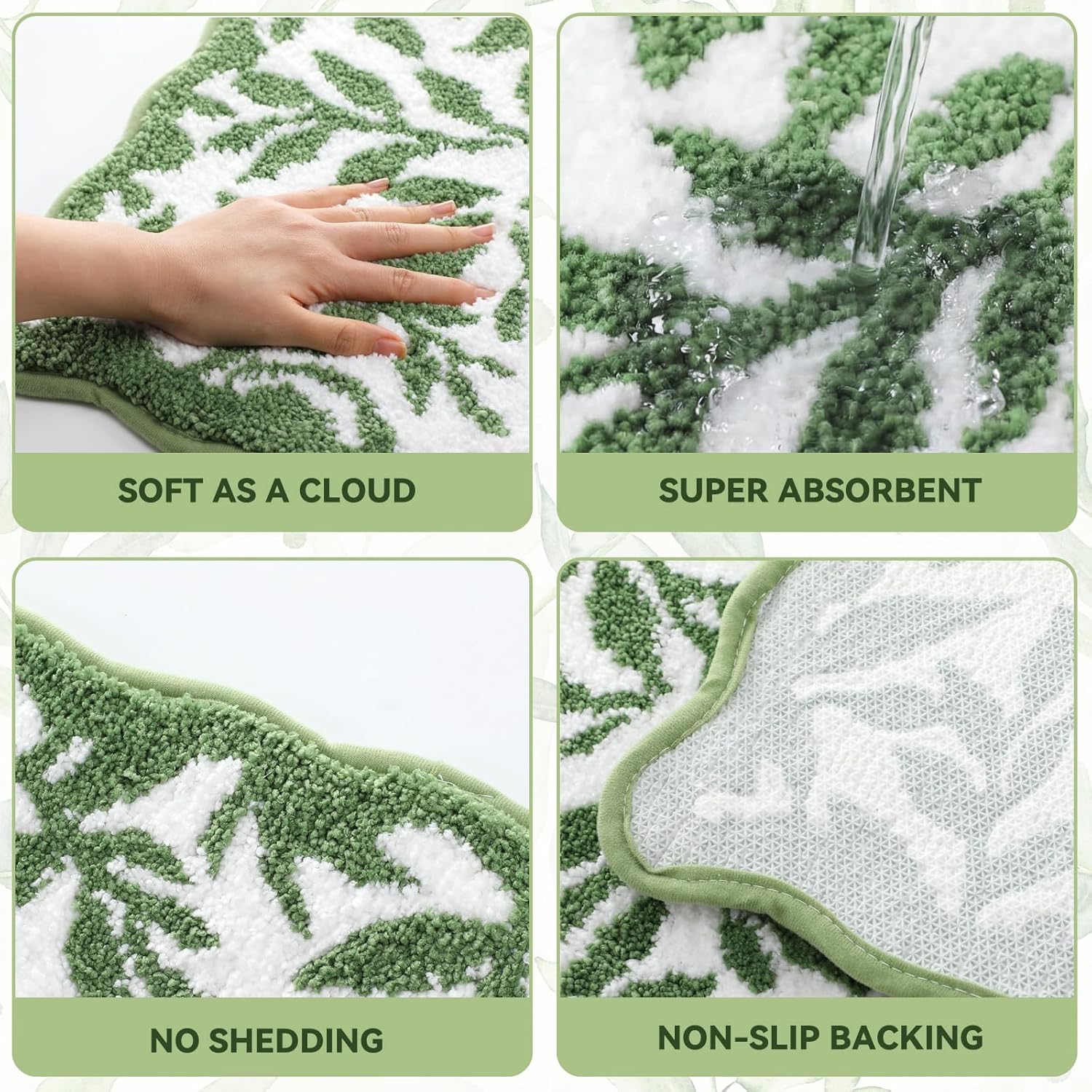Nuanchu Sage Green Scalloped Bathroom Rug Non-Slip Eucalyptus Leaf Bath Mat Absorbent Cute Leaf Plush Bath Floor Carpet for Housewarming Gifts Bathtub Shower 19.7"x31.5", Machine Washable