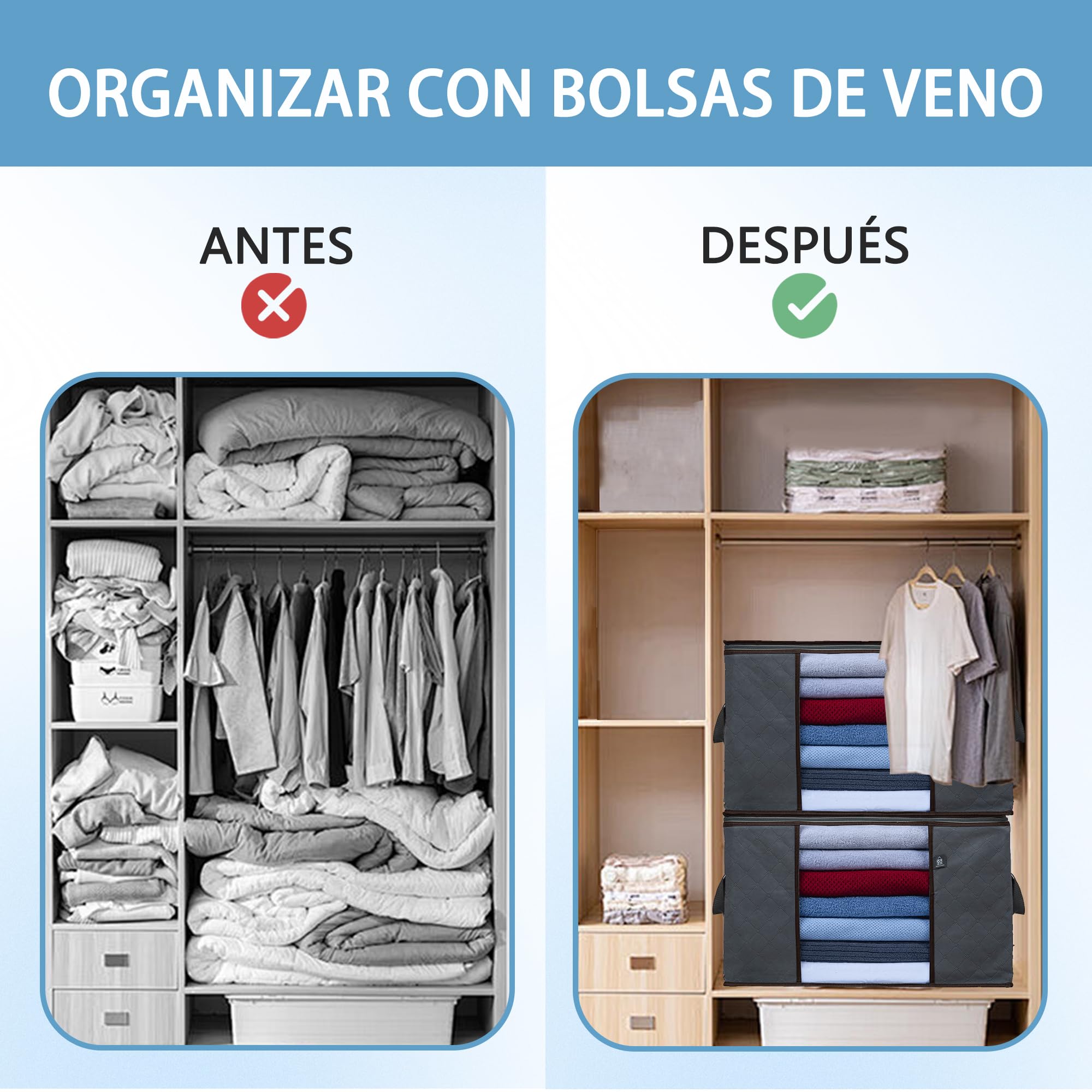 VENO Pack de 3 Bolsas de Almacenaje para Ropa, Bolsas Grandes con Asas y Cremallera para Edredones, Mantas, Ropa, Mudanza. Organizadores de Armarios, Bolsas Transparentes Sostenibles (Gris - 129 L)
