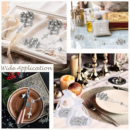 Miniatura 7 de Sasylvia 30 piezas de recuerdos de bautismo, mini placa de rosario, cuentas de rosario de bautismo con cruz y 30 bolsas de organza para primera