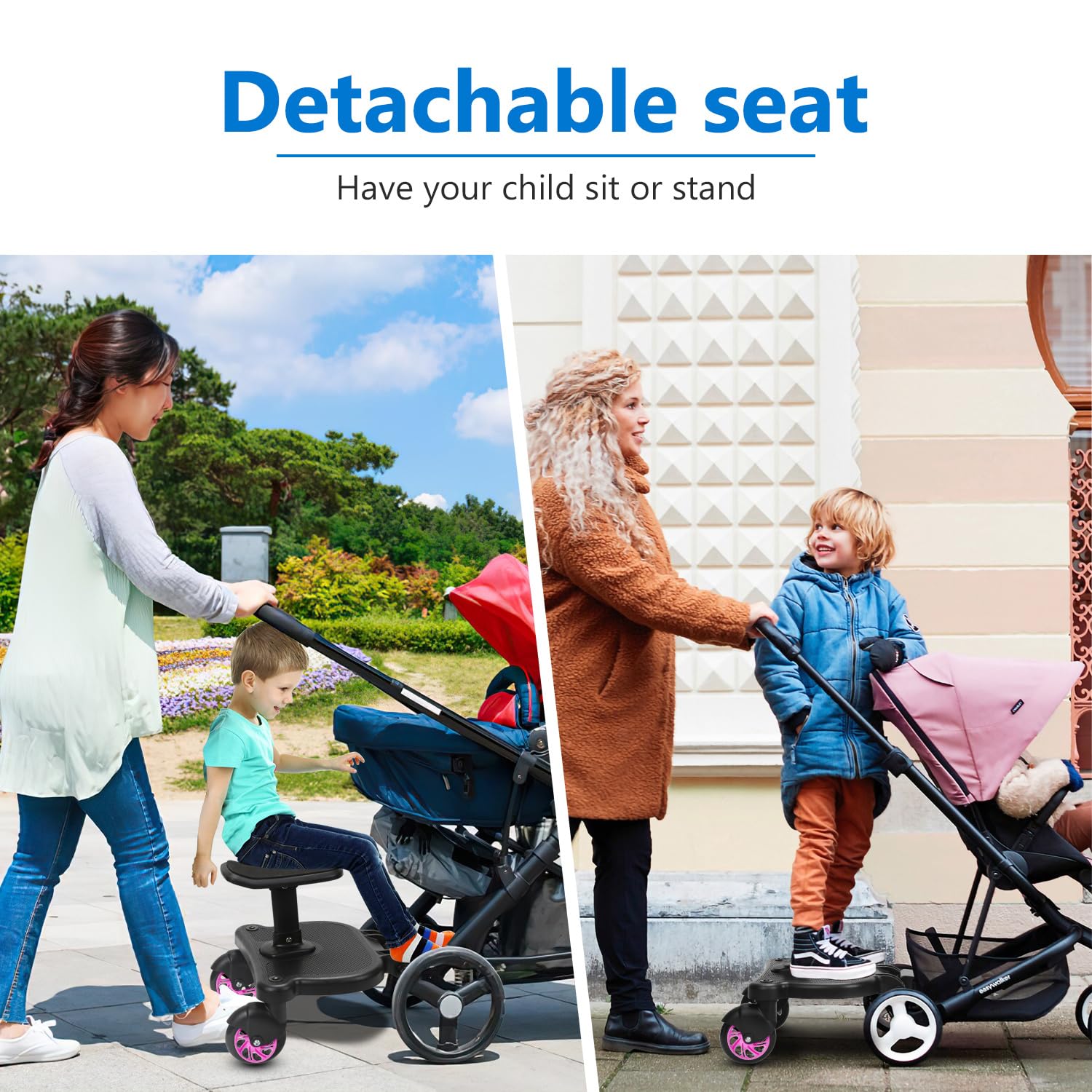 Kiddy Board per passeggino con sedile, pedana universale con sedile rimovibile, doppia ruota a 360 gradi, regolabile, fino a 25 kg, rosa