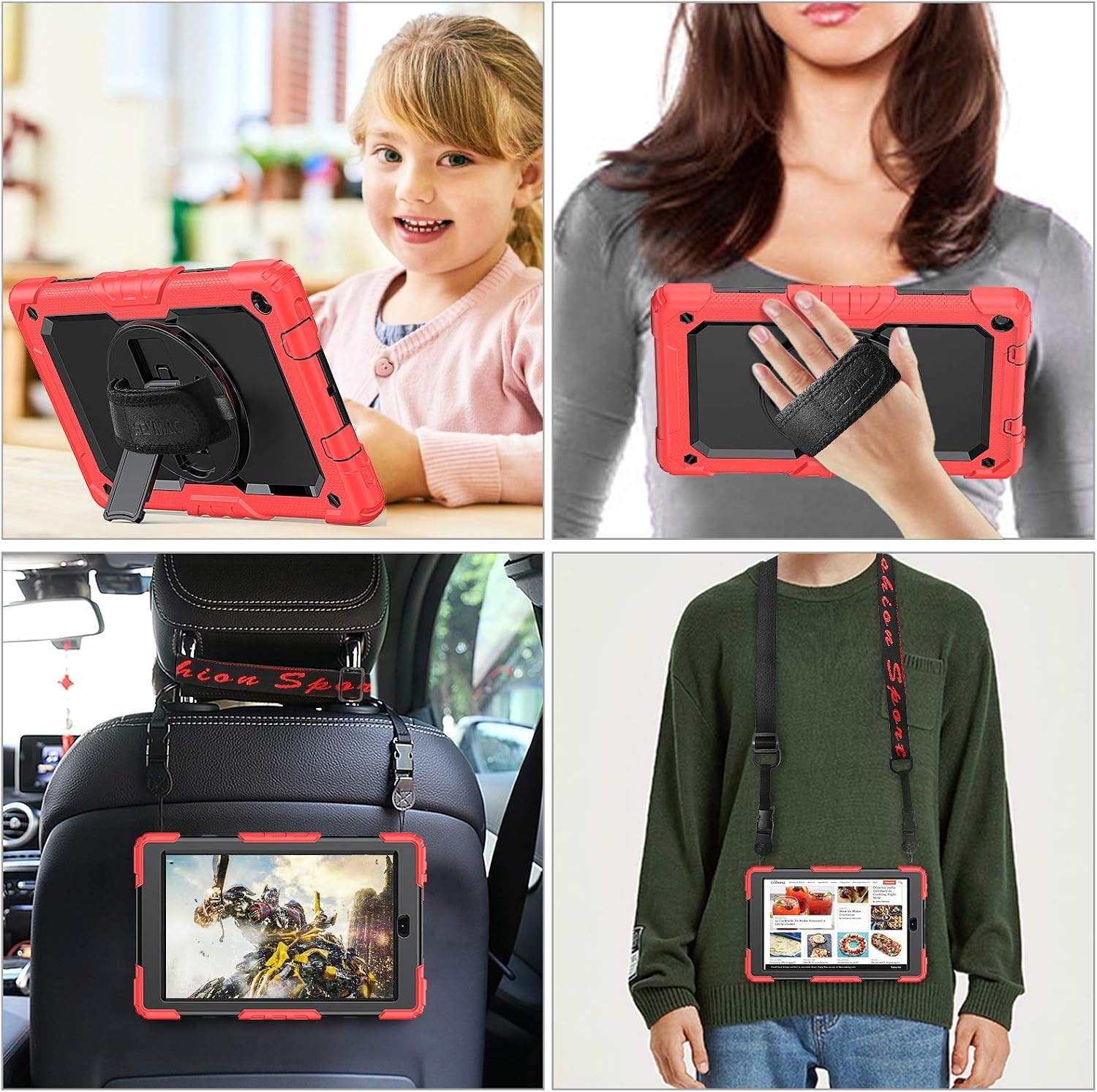 (NOT fit The 11th 2021) Kindle Fire HD 10 Case (9th/7th Generation 2019/2017) with Screen Protector Pencil Holder [360 Rotating Hand Strap] &Stand, SEYMAC stock Drop-Proof Tablet Case (Black+Red)