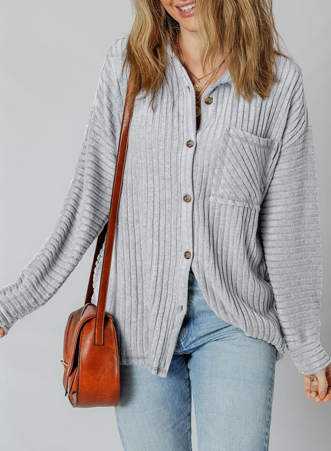 SHEWIN Womens Ribbed Knit Shacket Jacket Casual Long Sleeve Button Down Shirts Loose Sweater Tops Dressy Blouses with Pocket - Image 2