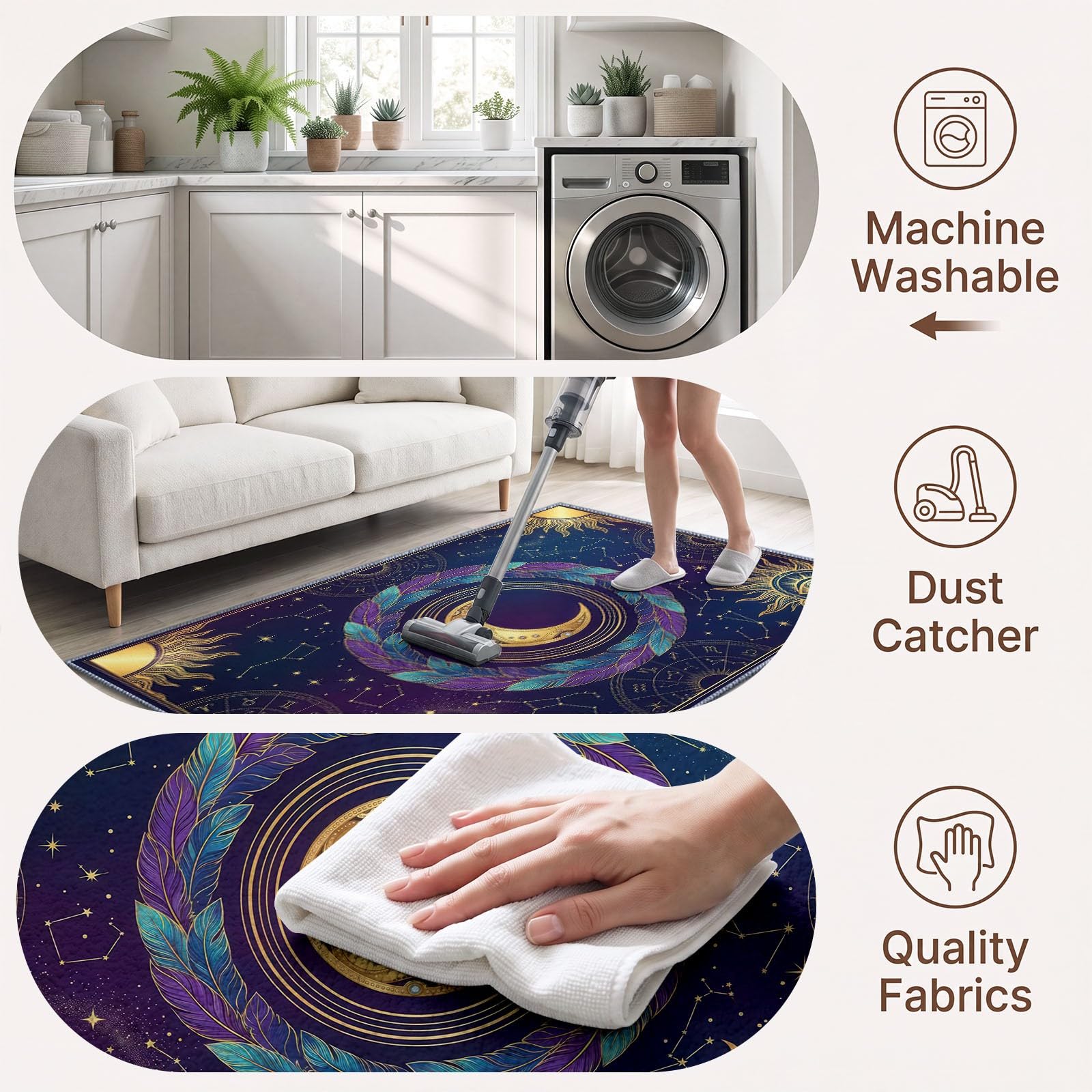 Générique Bohème Mystère Astrologie Tapis de Salon Lavable en Machine 200 x 300 cm Tapis antidérapant, Moquette Soleil Or Lune Plume Violette pour Le Salon, l'entrée, la Chambre et la Cuisine