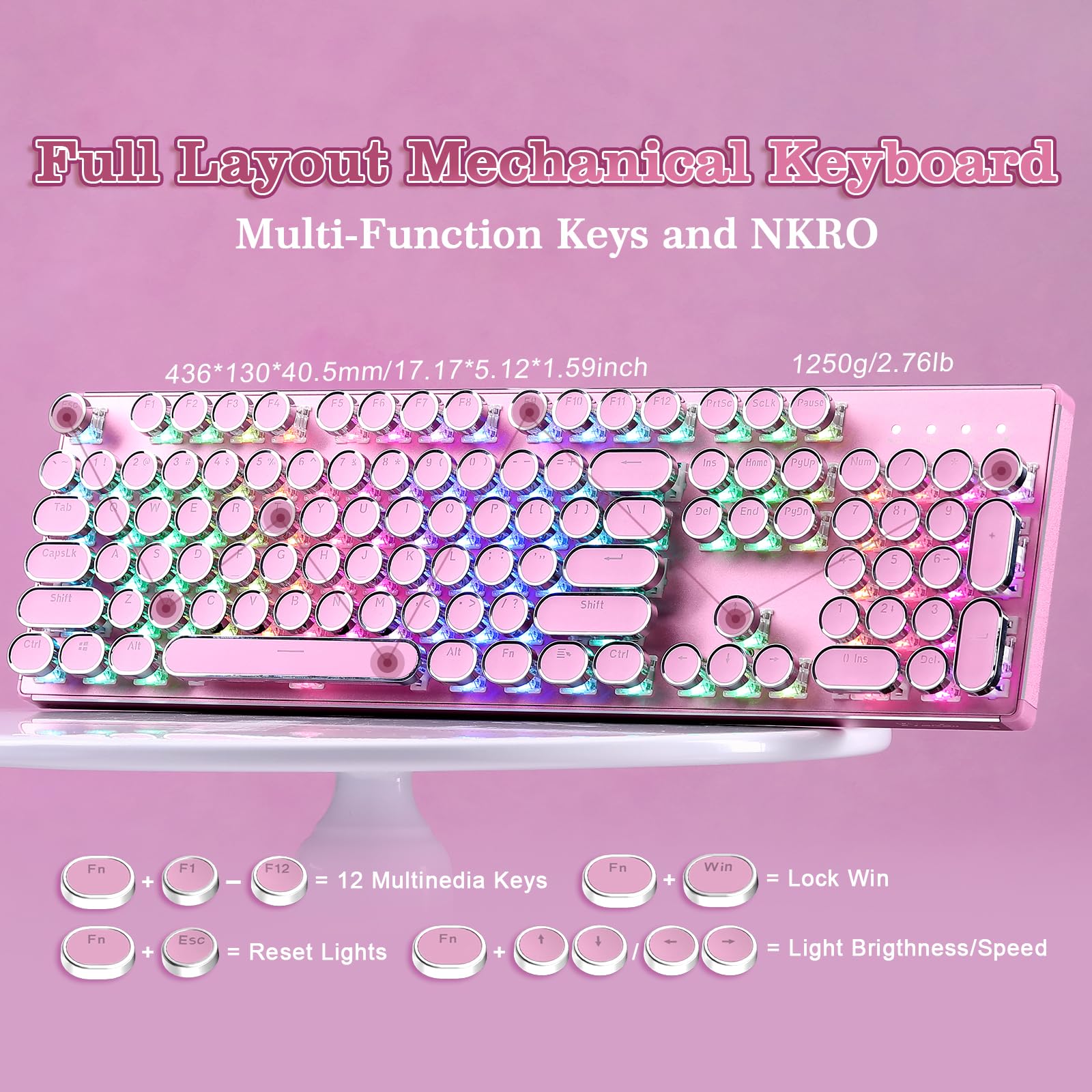 YUNZII QL108 Teclado Mecánico Retro con Cable para Gamer (Rosa, Onyx Gray) | 100 % Hot-Swap, Retroiluminación RGB, Panel Metálico de Estilo, US ANSI, Teclas Redondas para Windows/Mac