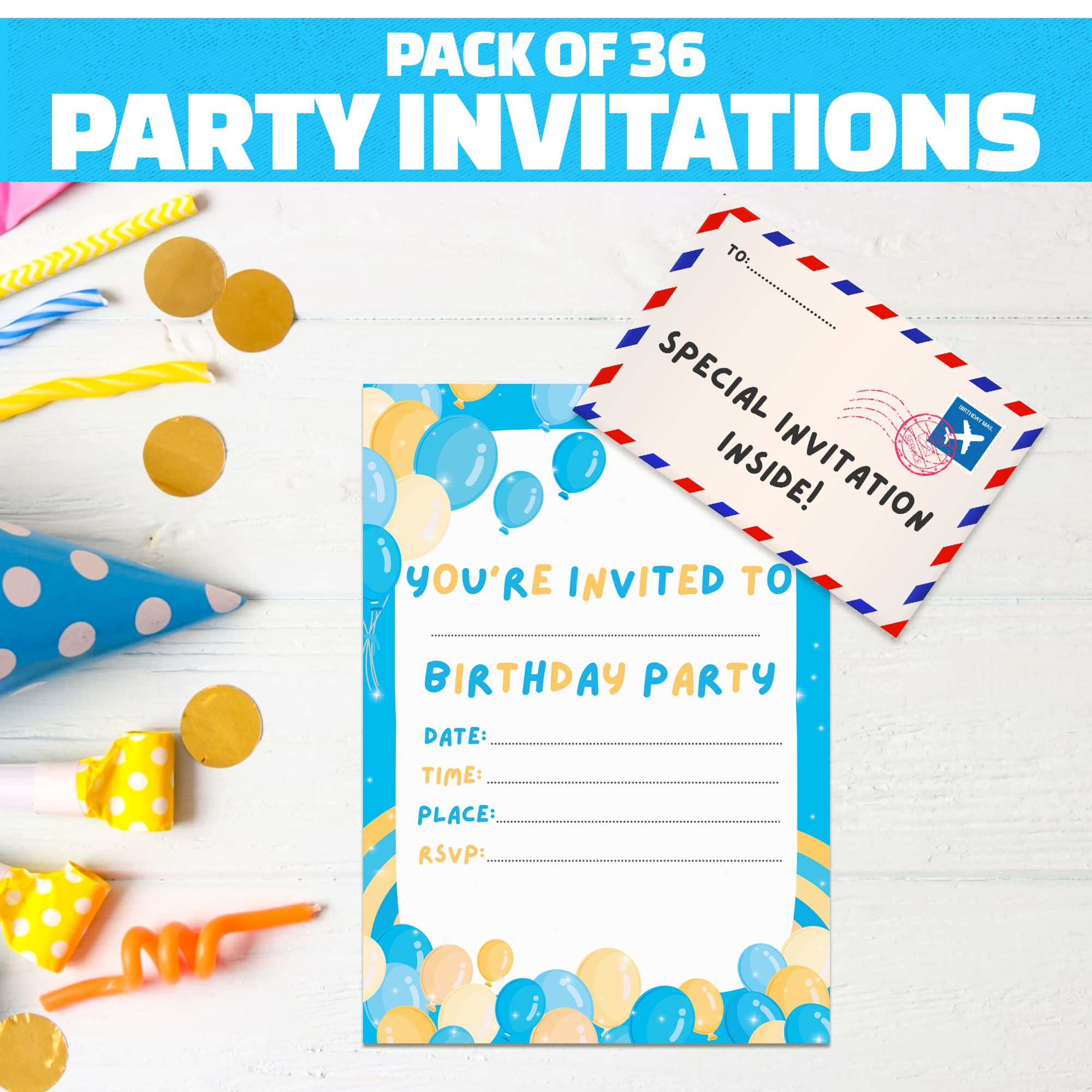 BestaFiesta 36 Kids Childrens Birthday Party Invitations with Folding Envelope Design and Holographic Stickers (Blue)