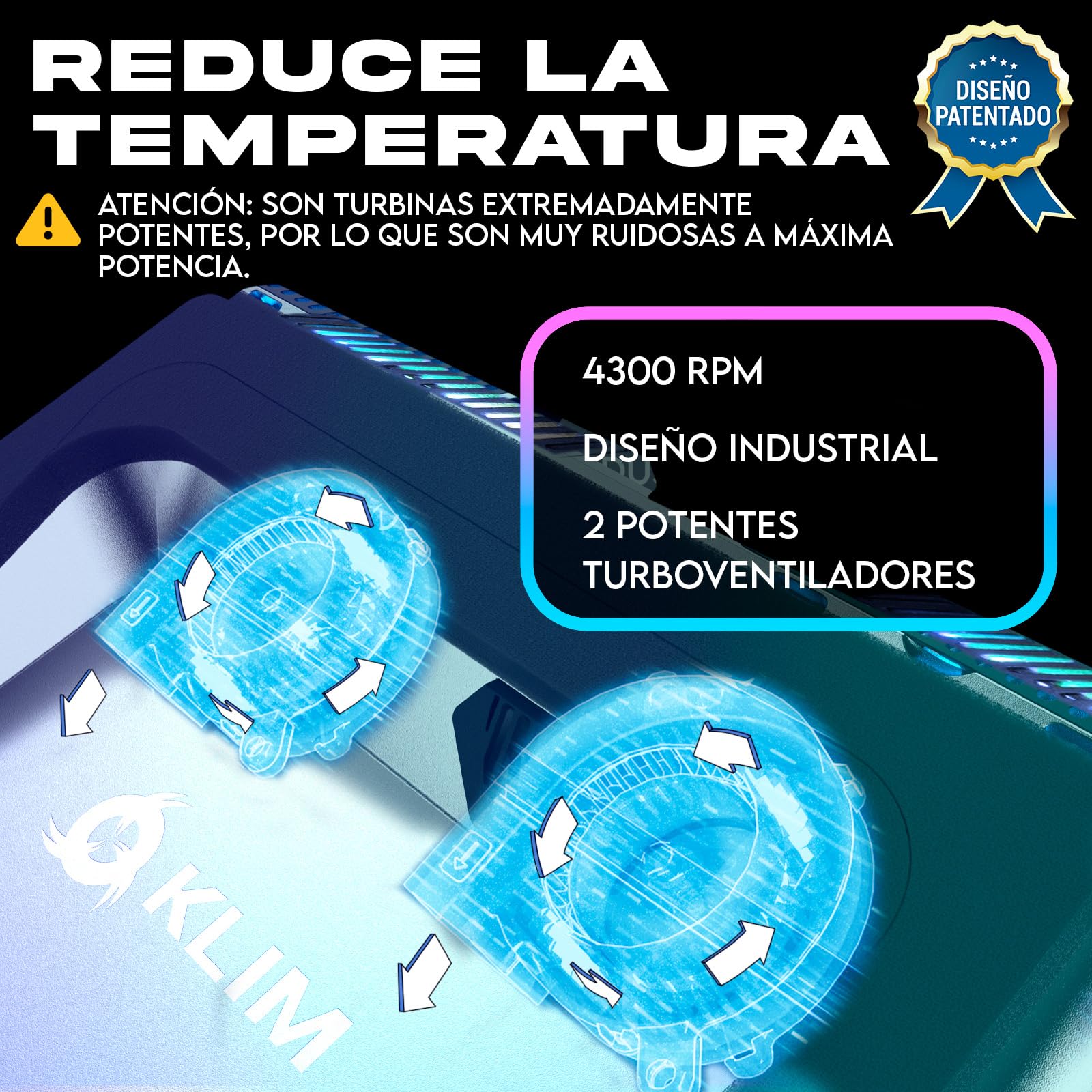KLIM Everest Base de refrigeración para portátiles | 2 Ventiladores Turbo de 4300 RPM para un Rendimiento máximo | Evita el sobrecalentamiento y Protege tu portátil Gaming | De 14 a 17" | Nuevo 2024