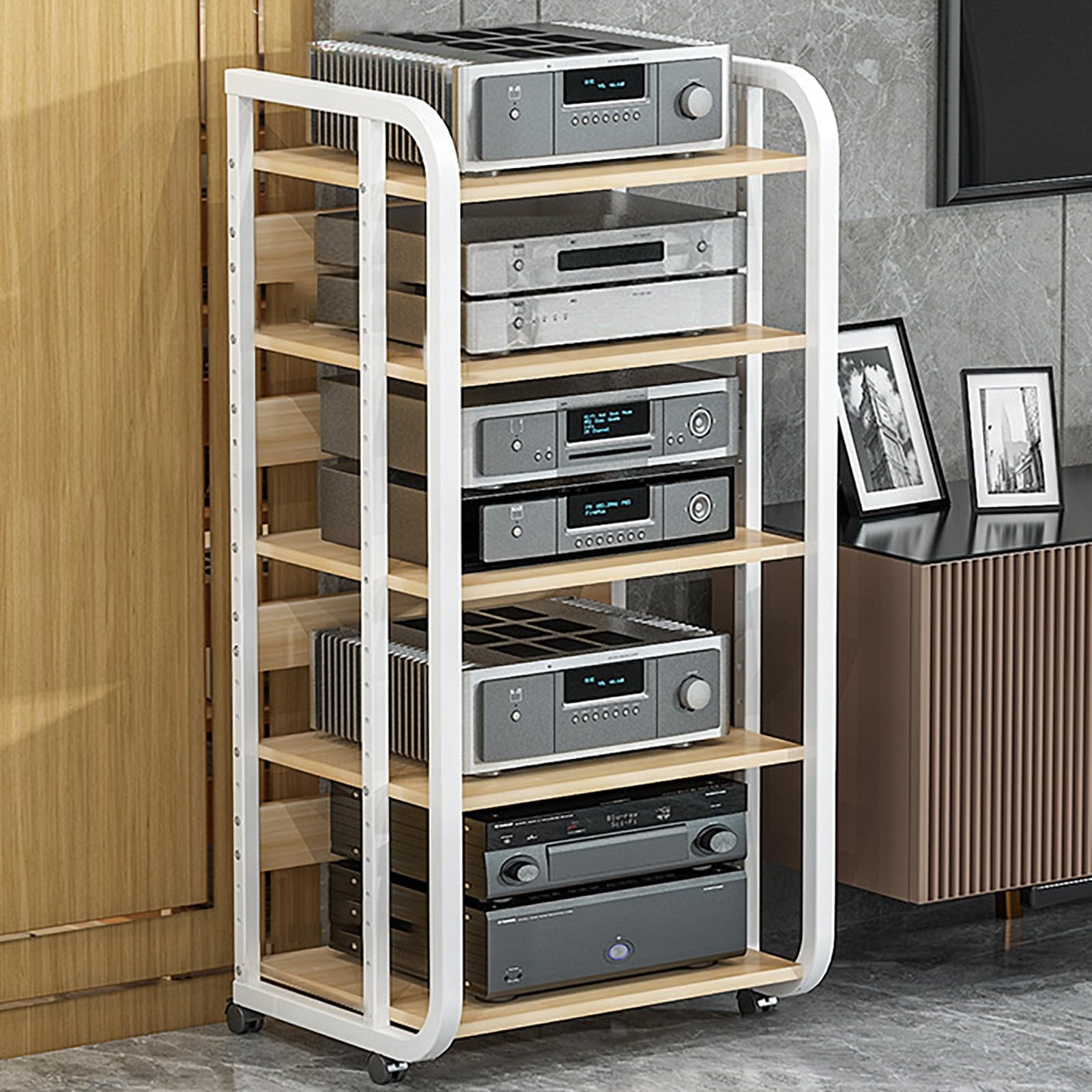 Przenośna duża szafka stereo, wysoka półka na wzmacniacz, szafka pod sprzęt audiowizualny, stojak na sprzęt audiowizualny, stojak stereo z kółkami do pokoju dziennego, pokoju do nagrywania gier (bia