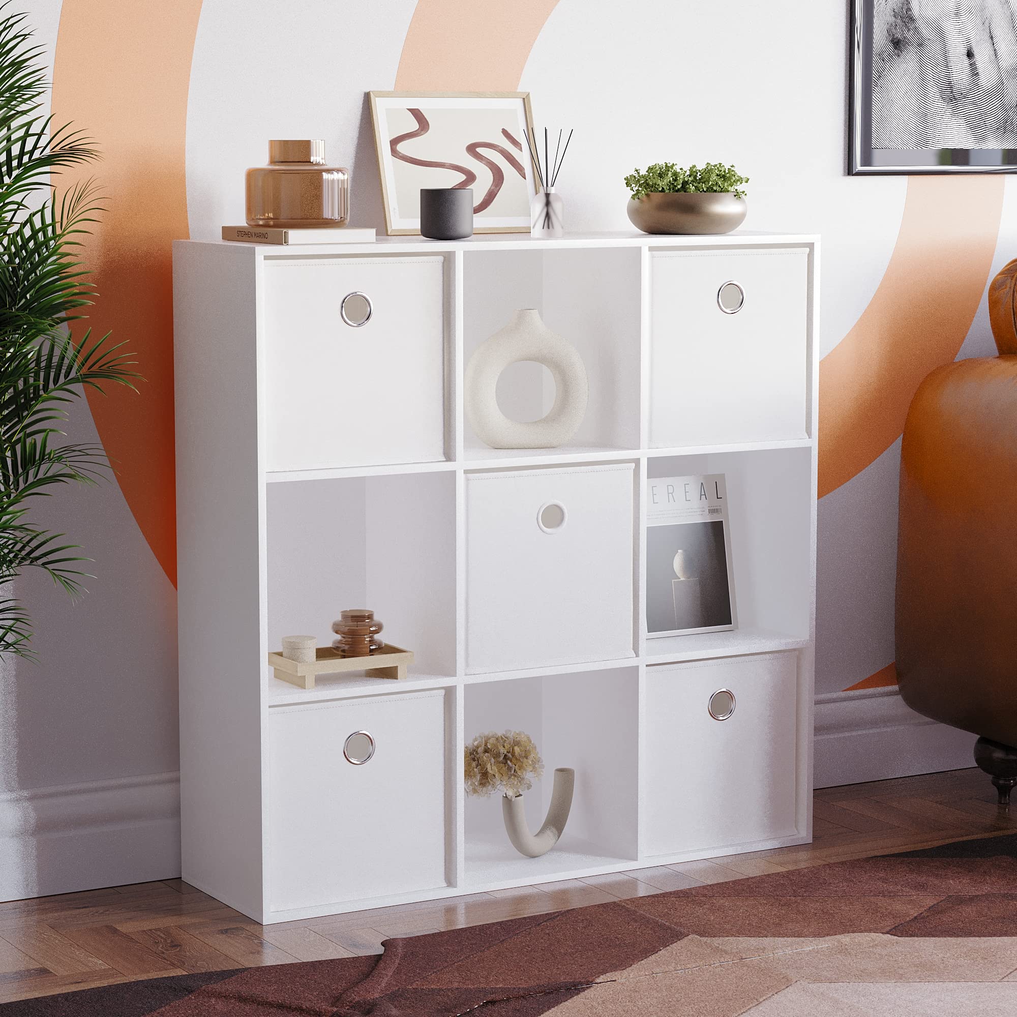 Vida Designs Durham Cube Bookcase Storage Organiser Living Room Bookshelf Home Office Furniture (9 Cube & 5 White Baskets, White)