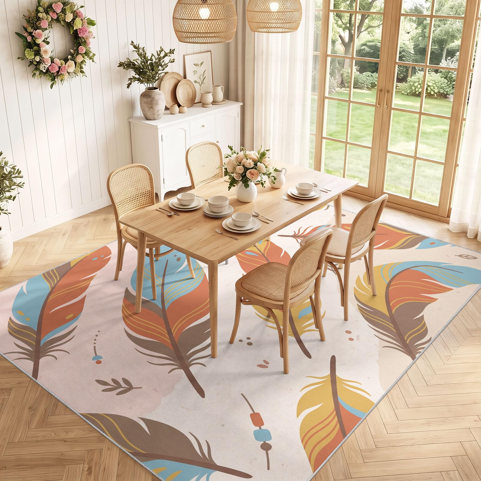 Générique Tapis Lavable en Bohème Naturel 60 x 120 cm, Tapis Frais Plume pour l’entrée du Salon Moquette intérieure antidérapante à Poil Bas pour la décoration de la Chambre