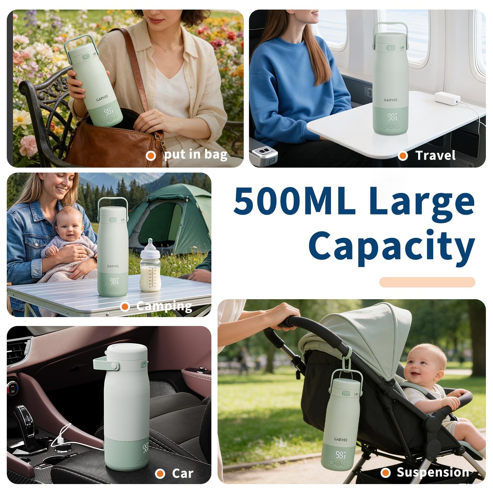 Baby Flaschenwärmer Unterwegs Mobiler Milcherwärmer Mit Akku 500ml USB C | LED Anzeige 1 Grad Präzise Kontrolle 316 Edelstahl Spülmaschinenfest Ideal für Baby Flaschen Unterwegs