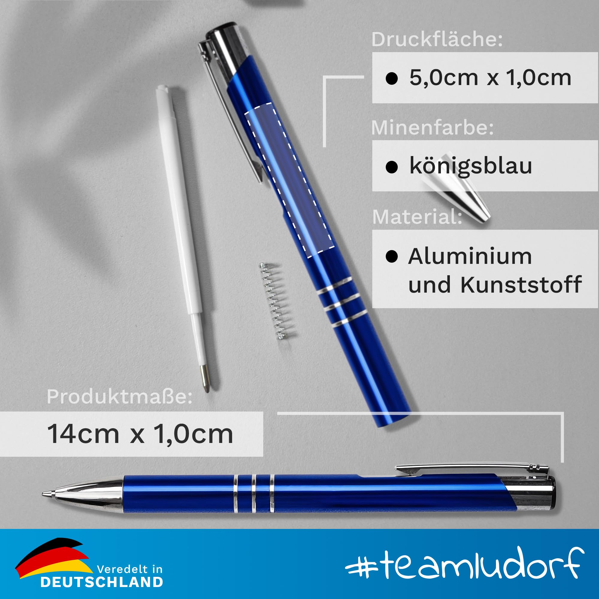 50x Kugelschreiber mit Gravur - Blau eloxiert (Gamma) - Hochwertige Metallkugelschreiber Personalisierter Kulli mehrfarbig Stifte mit Gravur Kullis