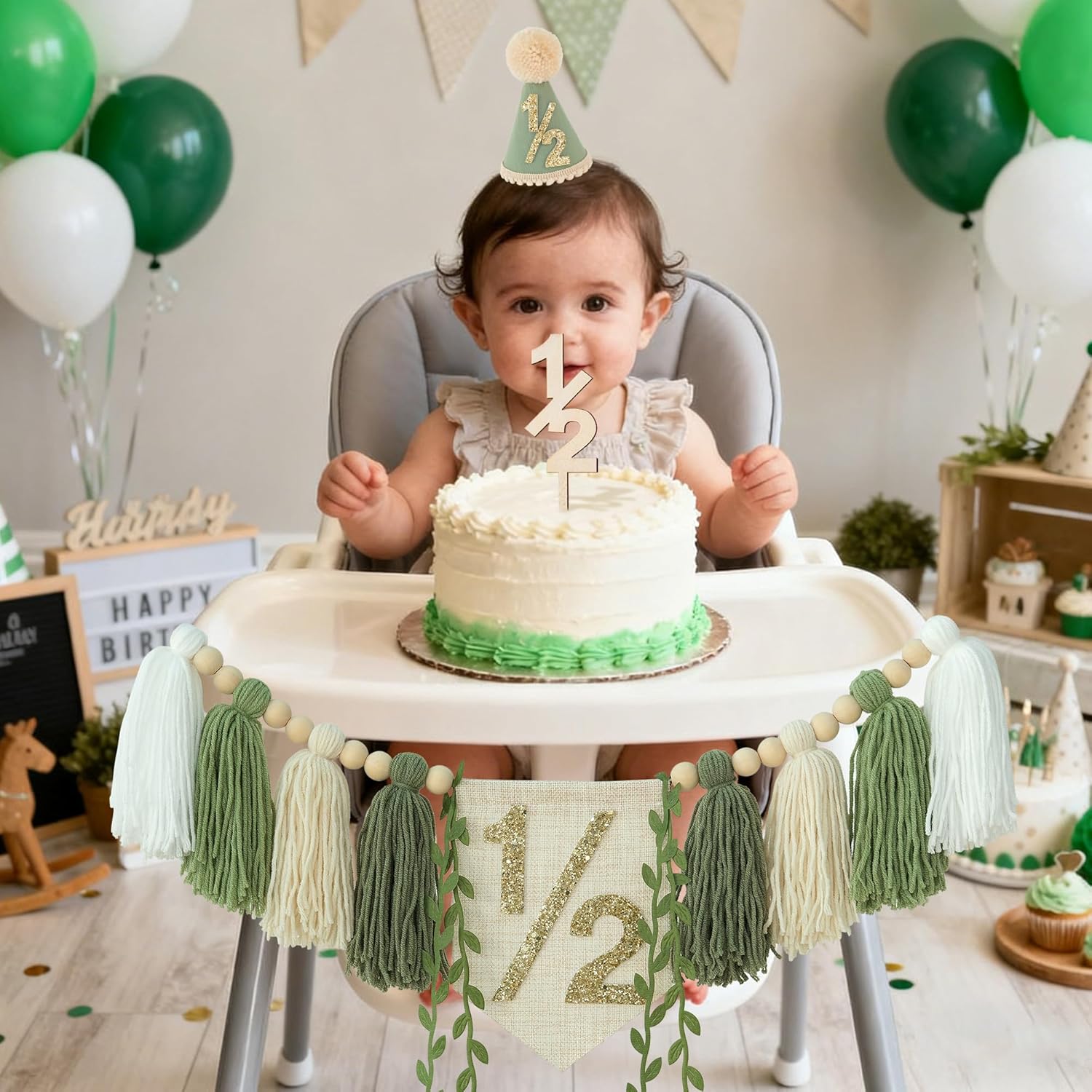 1/2 Birthday High Chair Banner For Half Way To One Party Decorations Wood Bead Tassel Garland Green Crown Hat Wooden Cake Topper Happy Half Year Party Photoshoot Props - Image 4