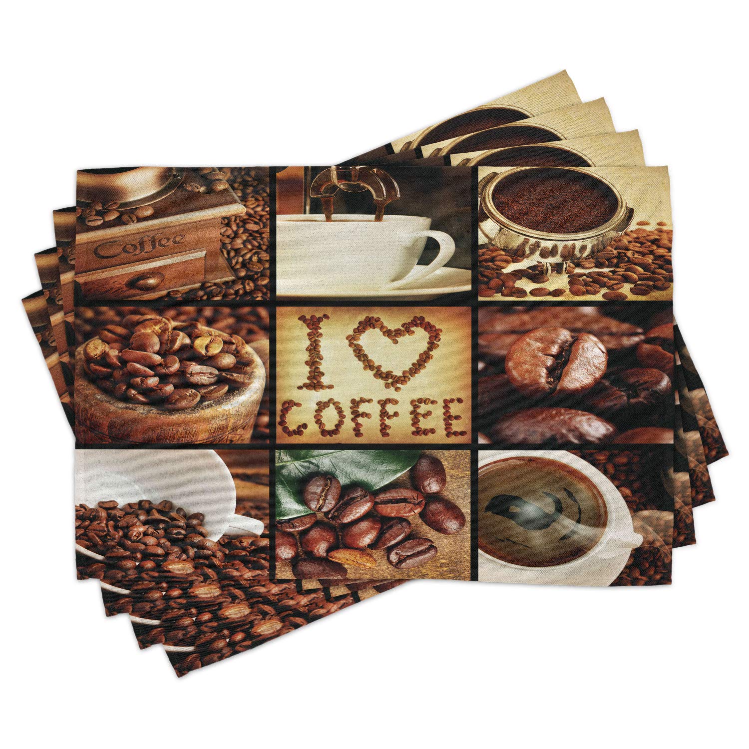 Lunarable Brown Place Mats Set of 4, I Love Coffee Theme Collage Roasted Beans Brewing Machines and Cups Aromatic Drink, Washable Fabric Placemats for Dining Table, Standard Size, Brown and White
