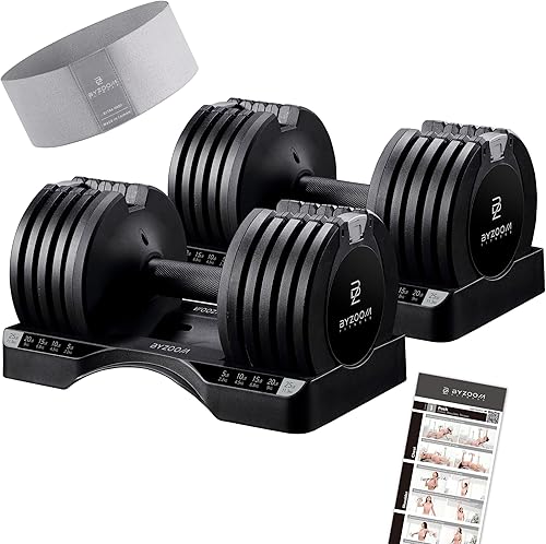 BYZOOM FITNESS Juego de 2 mancuernas ajustables de 25 libras, color negro y banda de botín, color gris extra duro