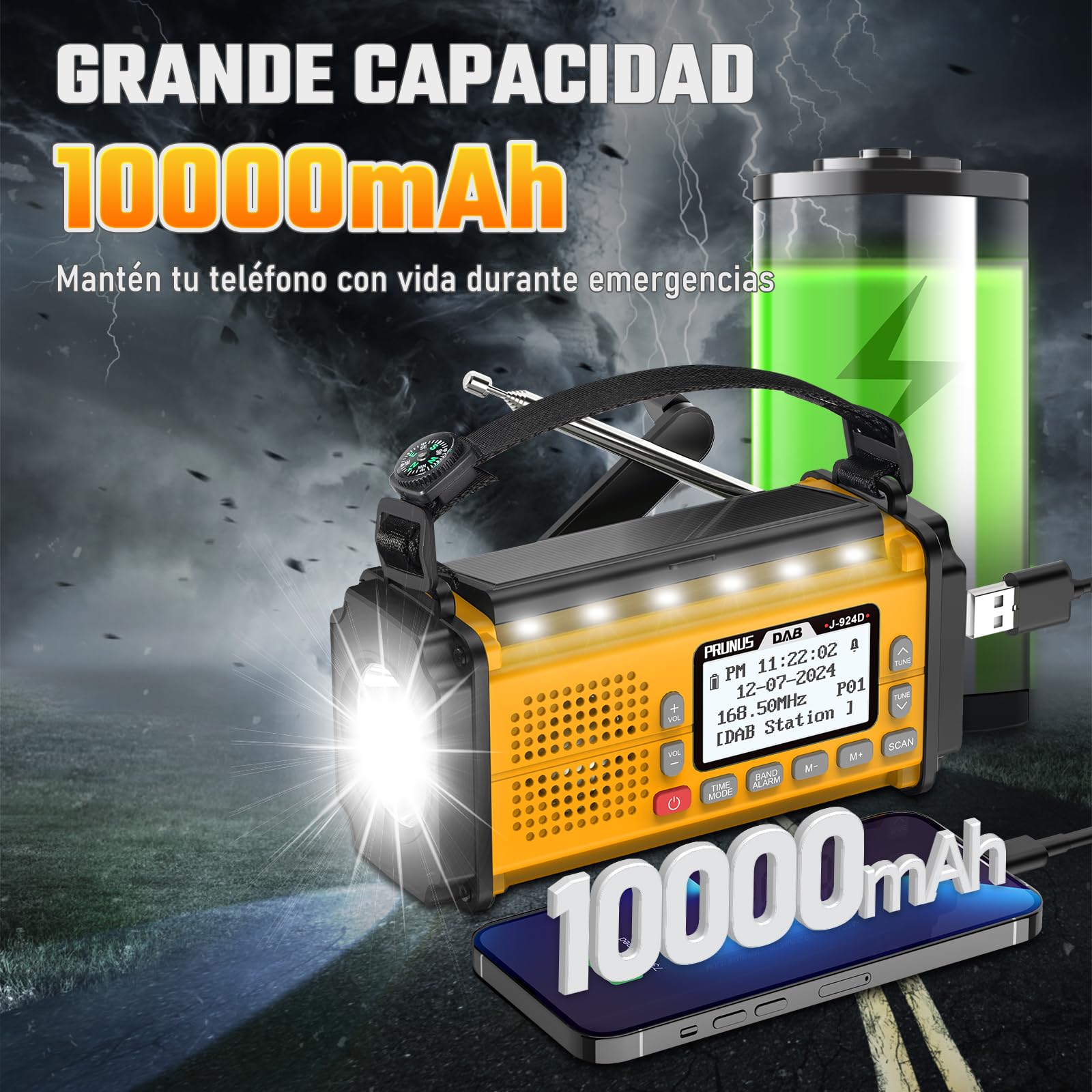 PRUNUS J-924 Dab/UKW Radio Digital con Función de Preselección, Radio Portatil Pequeña Recargable con Banco de Energía de 10000 mAh, Radio Solar y a Pilas, con Manivela,Linterna,SOS. (Amarillo)