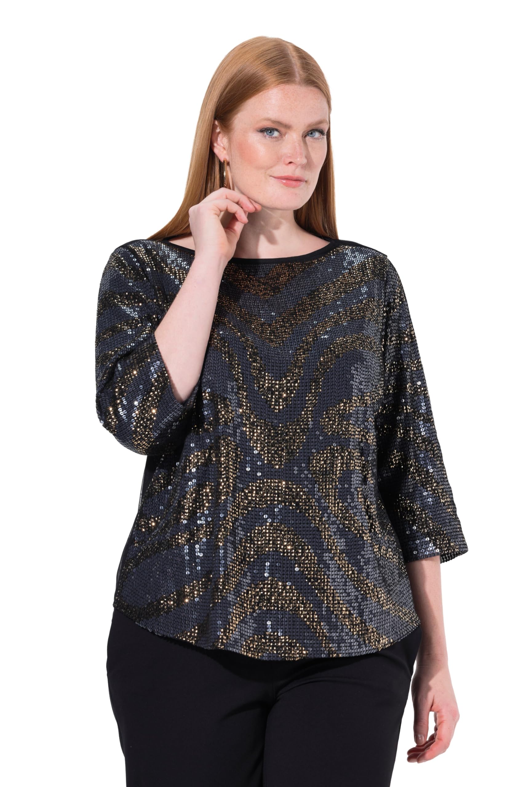 Ulla Popken Damen große Größen Übergrößen Plus Size Blusenshirt, doppellagig, U-Boot-Ausschnitt, 3/4-Arm 844972