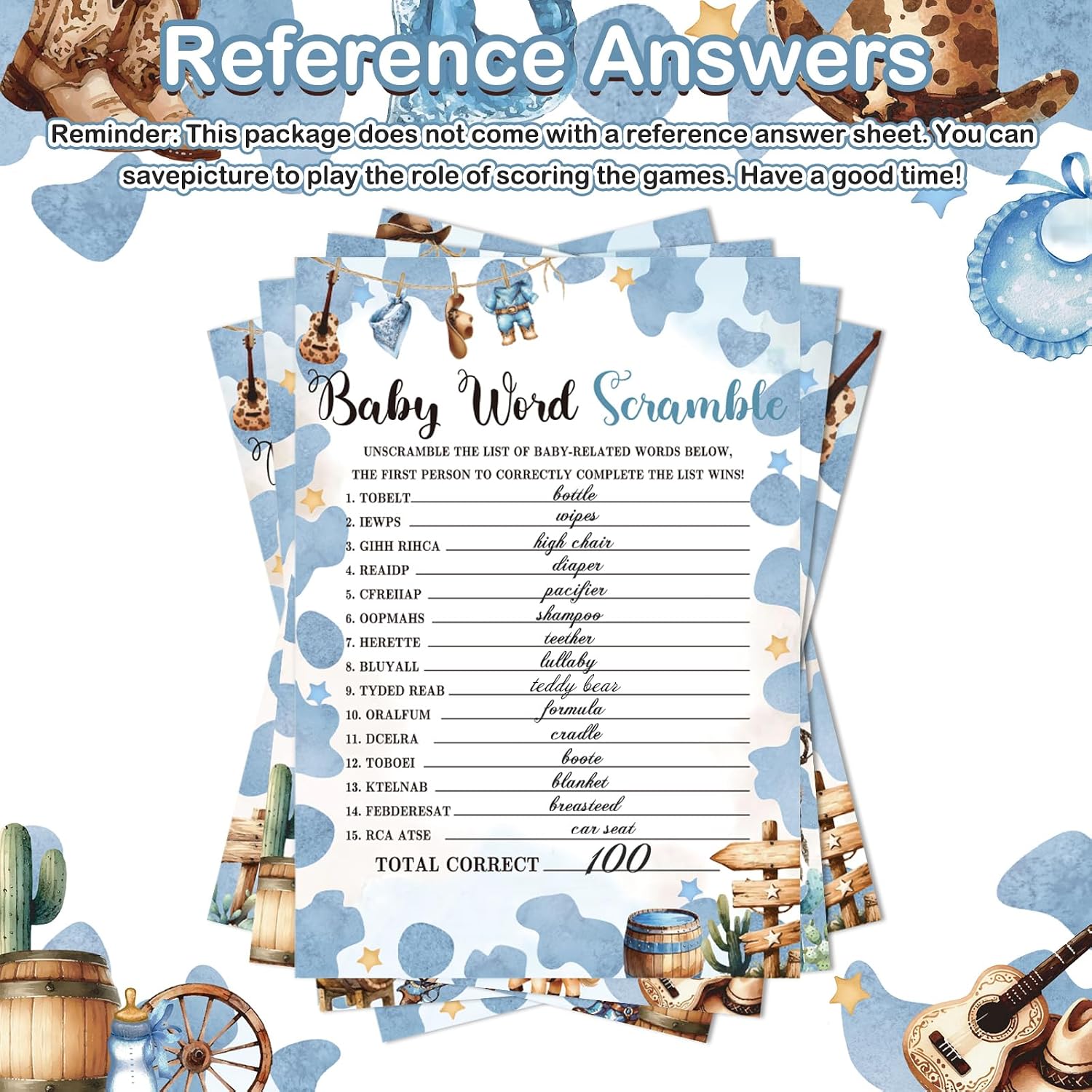 Sinmoe 145 Pcs Cowboy Baby Shower Games Supplies 5 Sets Baby Shower Games Activities Cards with 20 Pcs Funny Pencils Include Descriptions and Wishes, Guess Who, Bingo Play, Word Search
