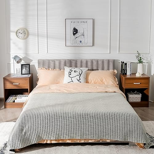 Miniatura 2 de Giantex Juego de 2 mesitas de noche de nogal, mesita de noche de granja con cajón y armario de almacenamiento abierto, mesita de noche de madera,