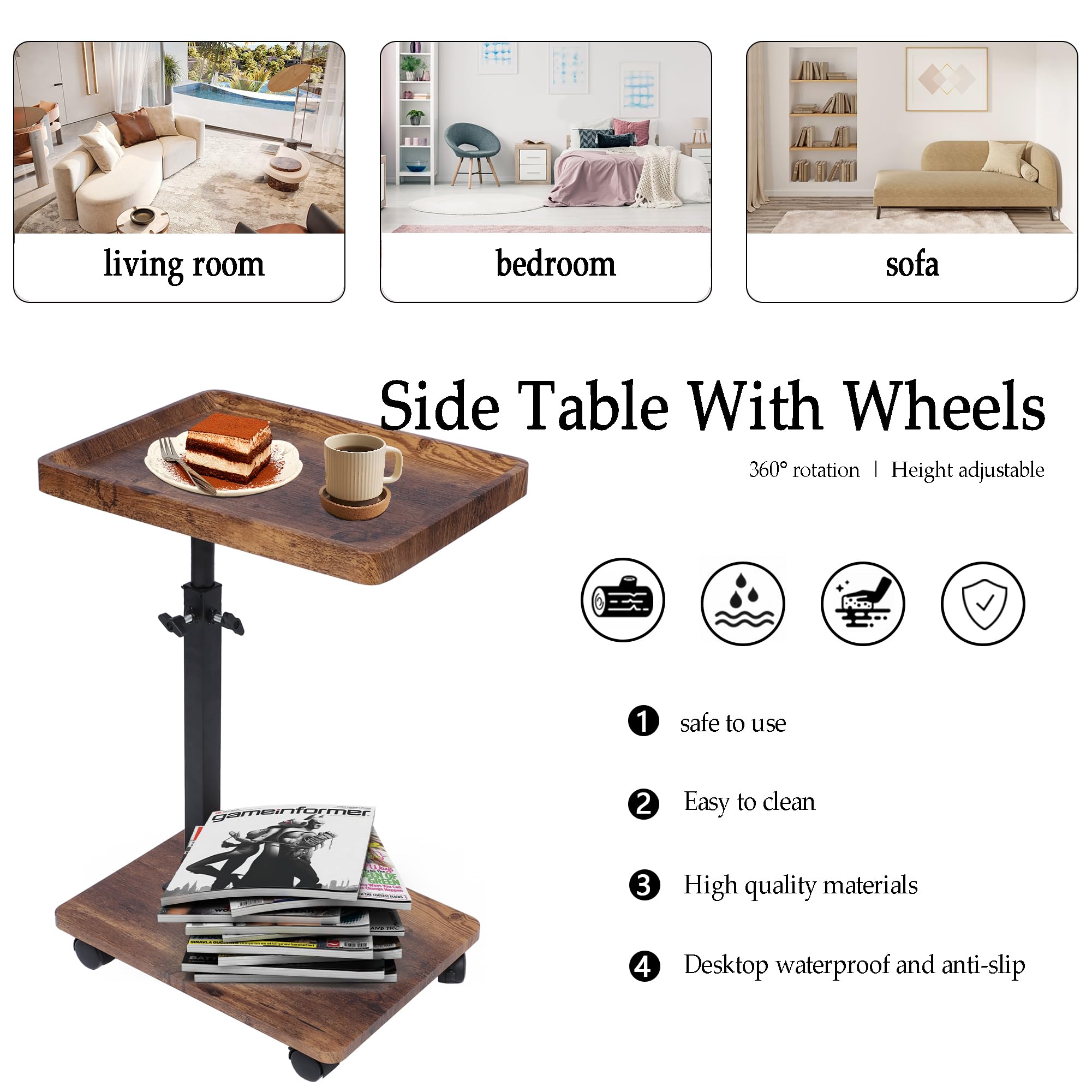 Tavolino da Divano - Tavolino Divano Rotazione 360° e con Ruote - Tavolini da Divano Regolabile Altezza (45-80CM) - Tavolino a Forma di C da Divano e Letto per Soggiorno e Camera da Letto
