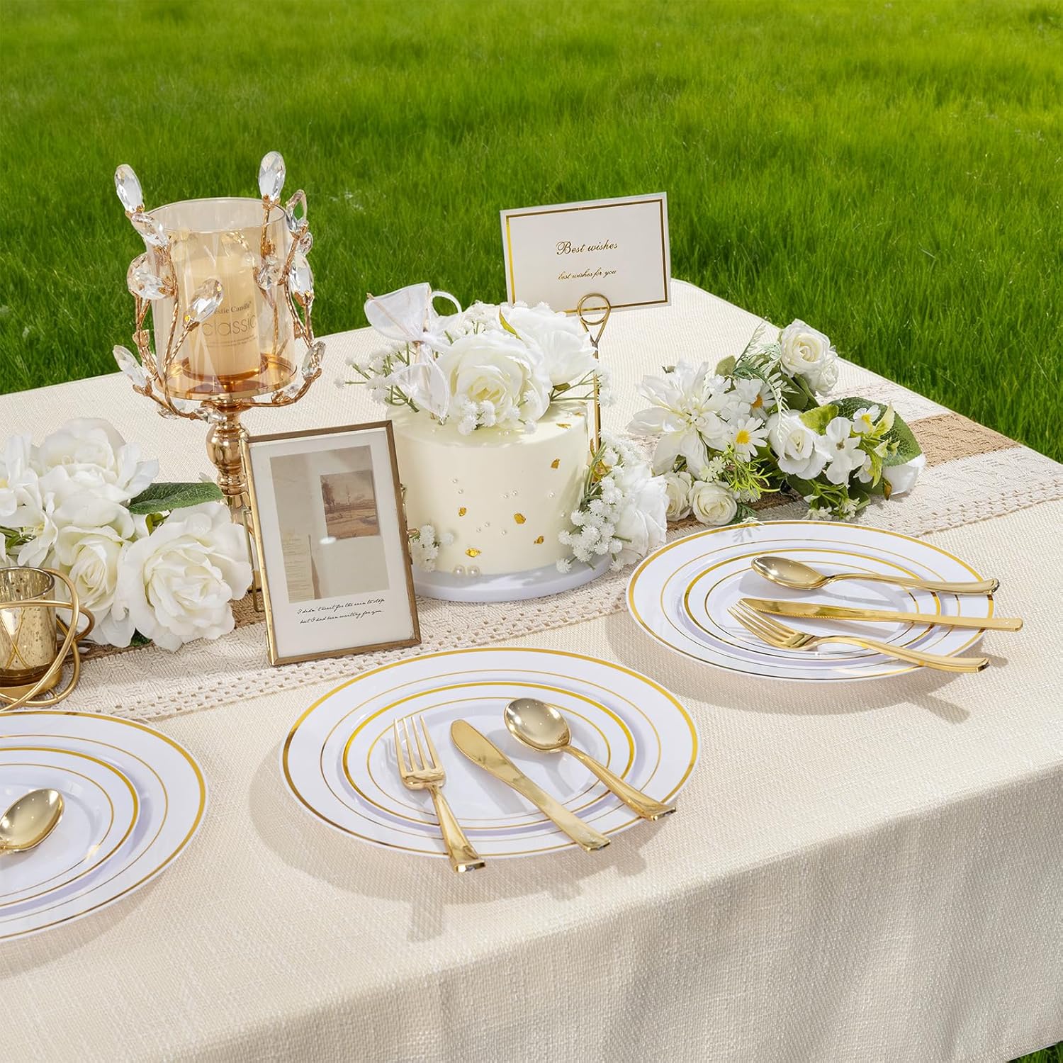 100PCS Gold Plastic Plates, 10 Inch Plates Disposable Dinner Plate Party with Gold Rim, Heavy Duty Disposable Plastic Plate for Party, Wedding and Birthday