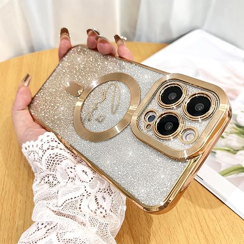 Miniatura 2 de Fiyart - Funda transparente magnética con purpurina para iPhone 13 Pro para mujeres, con grabado "Love" metálico, protección para cámara y