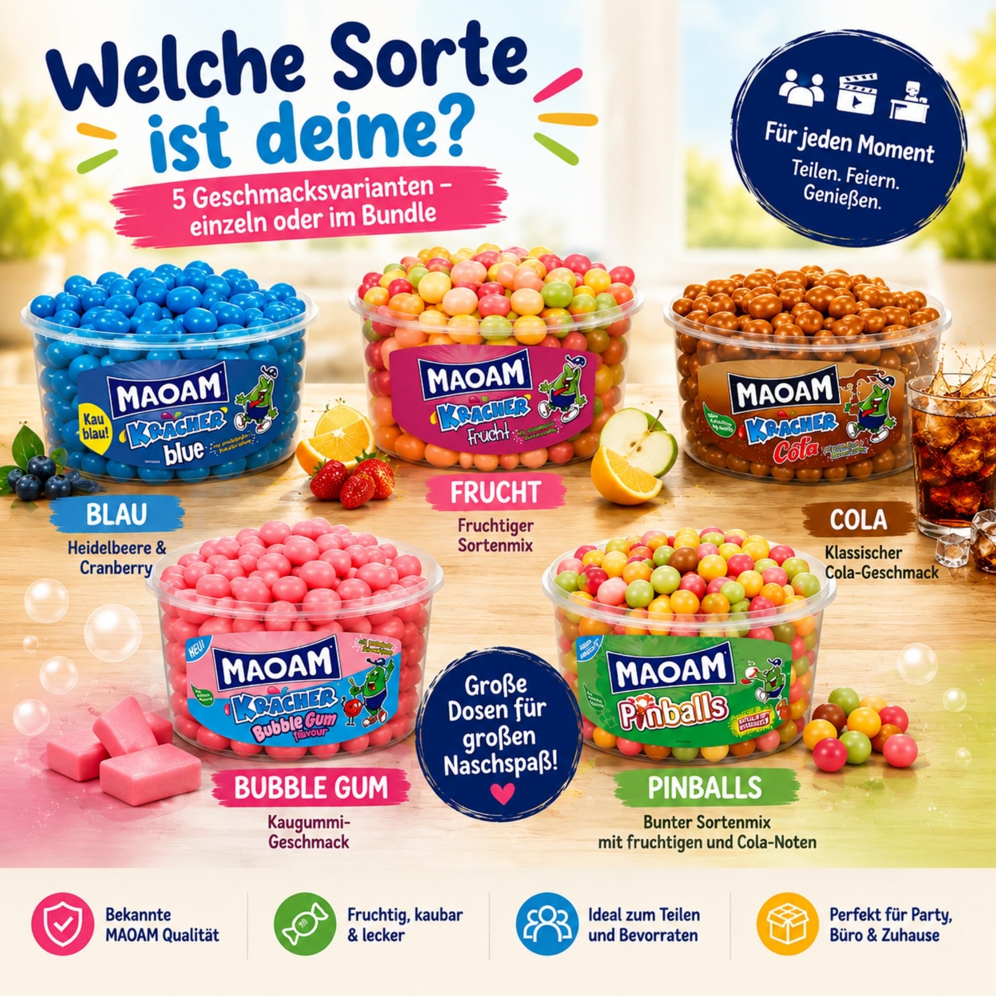 HLKauf Bundle Maoam Kracher: 3er Set Cola, Pinballs & Blue Kaubonbon Süßigkeiten Sets für Büro, Party, Kindergeburtstag, Großpackung & Notizblock