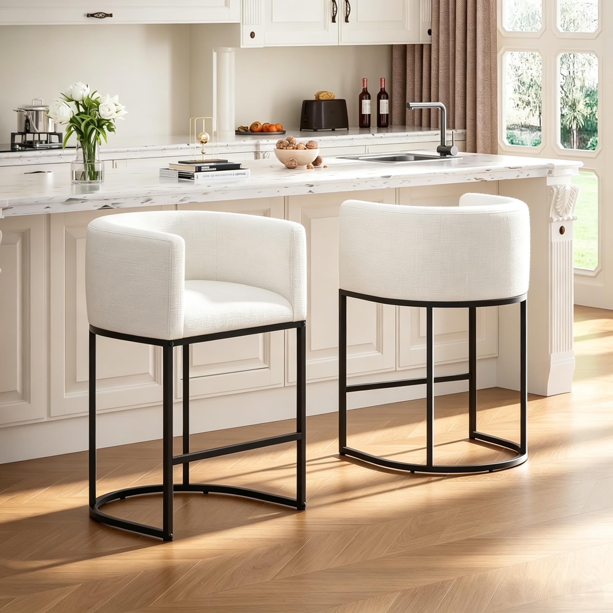 26 Inch Counter Height Barrel Bar Stools with Linen Fabric