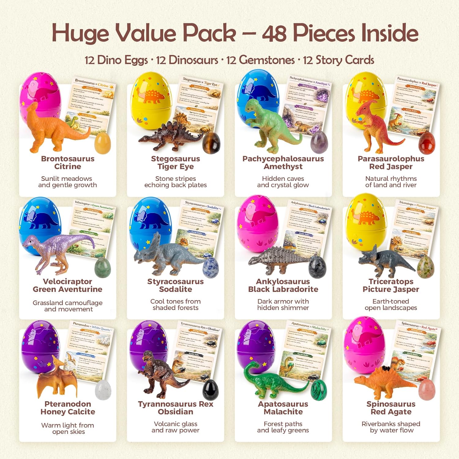 Easter Egg Fillers & Basket Stuffers - Prefilled Easter Eggs, 12 Pcs Dinosaur Toys & Real Gemstones, Scientific Gifts with Story Cards for Kids, Easter Toys Party Favor foe Egg Hunt