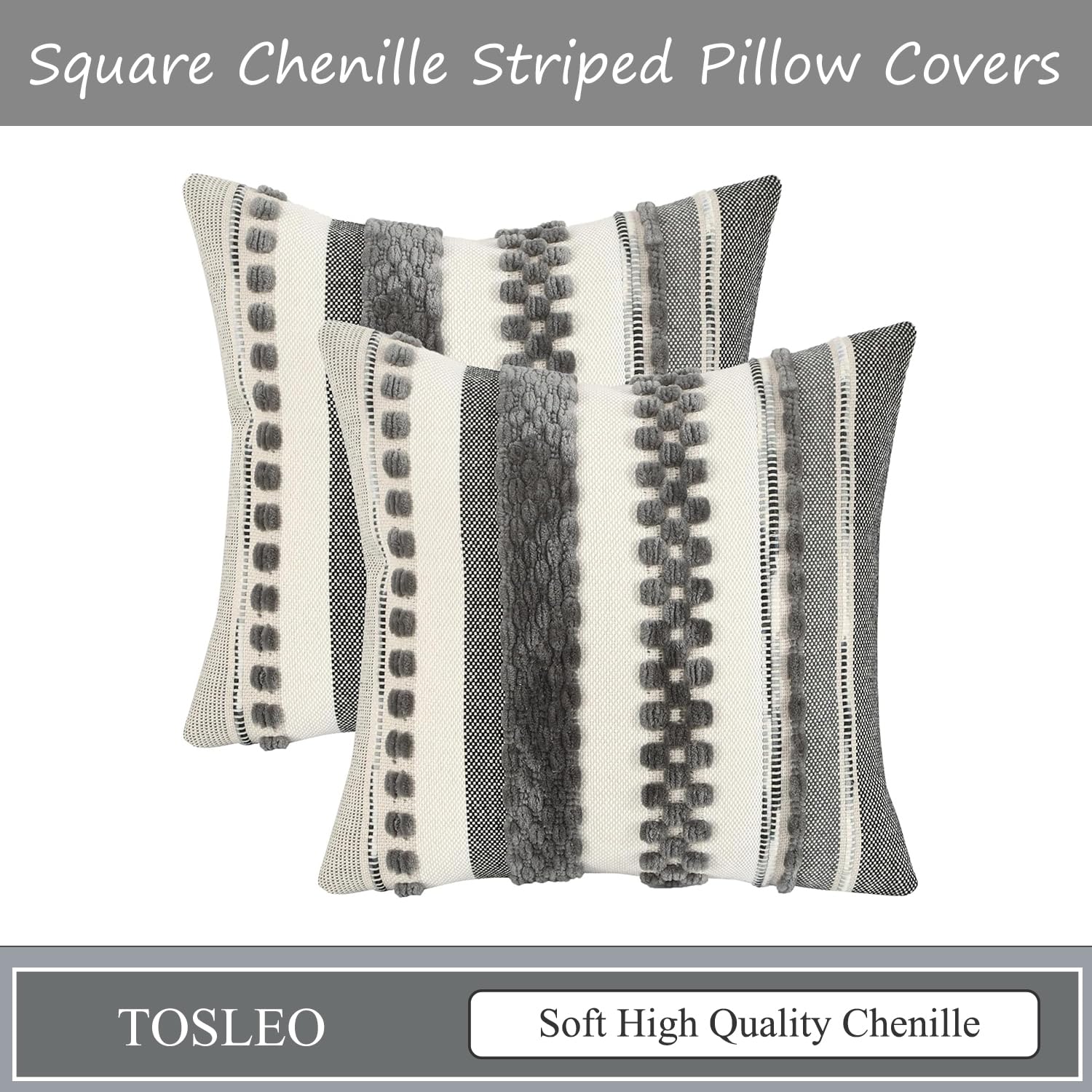 Tosleo Chenille Gray Stripe Throw Pillow Cover Farmhouse Pillow Covers 18x18 Set of 2 Boho Throw Pillow Covers Striped Decorative Pillows Cushion Covers for Couch Sofa Bedroom - Image 4