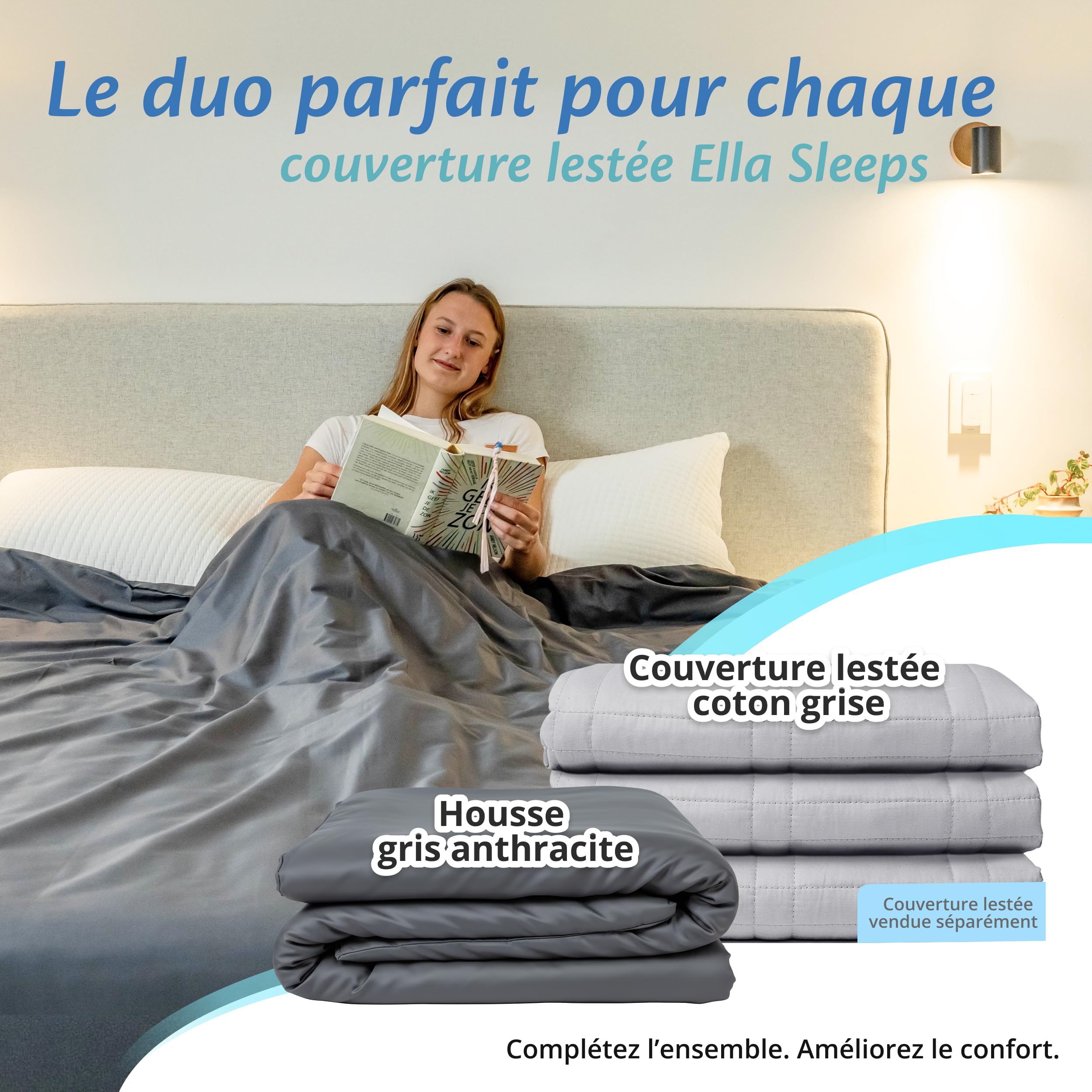 Ella Housse de Couette 150x200 cm pour Couverture Lestée Adulte - 100% Coton - Idéale pour couvertures pondérées de 7 kg et 9 kg - Gris Anthracite