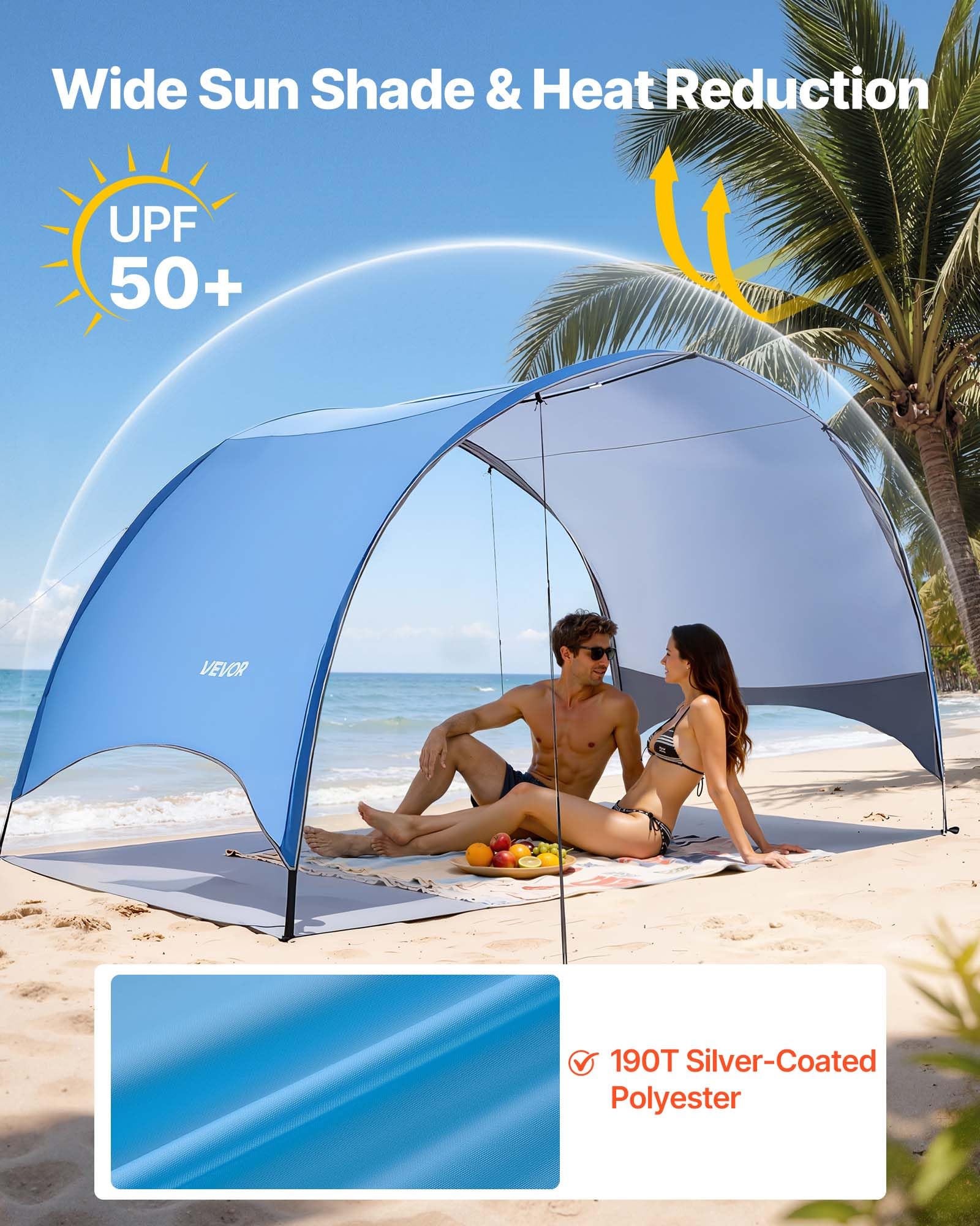 VEVOR Tente de Plage pour 4 Personnes, Abri de Plage Portable, pour Camping Pêche Pique-niques en Plein Air, Auvent Anti-UV Protection UPF 50+, Abri Soleil Léger avec Sac de Transport et Piquets