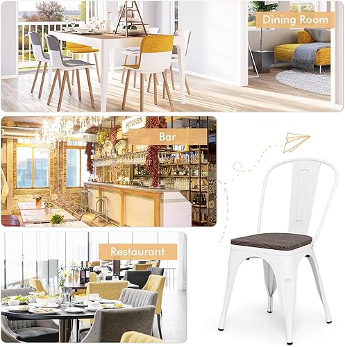 Miniatura 9 de COSTWAY Tolix - Sillas de comedor estilo industrial, apilables, de metal, con asiento de madera, juego de 4 (color blanco y marrón) Blanco y