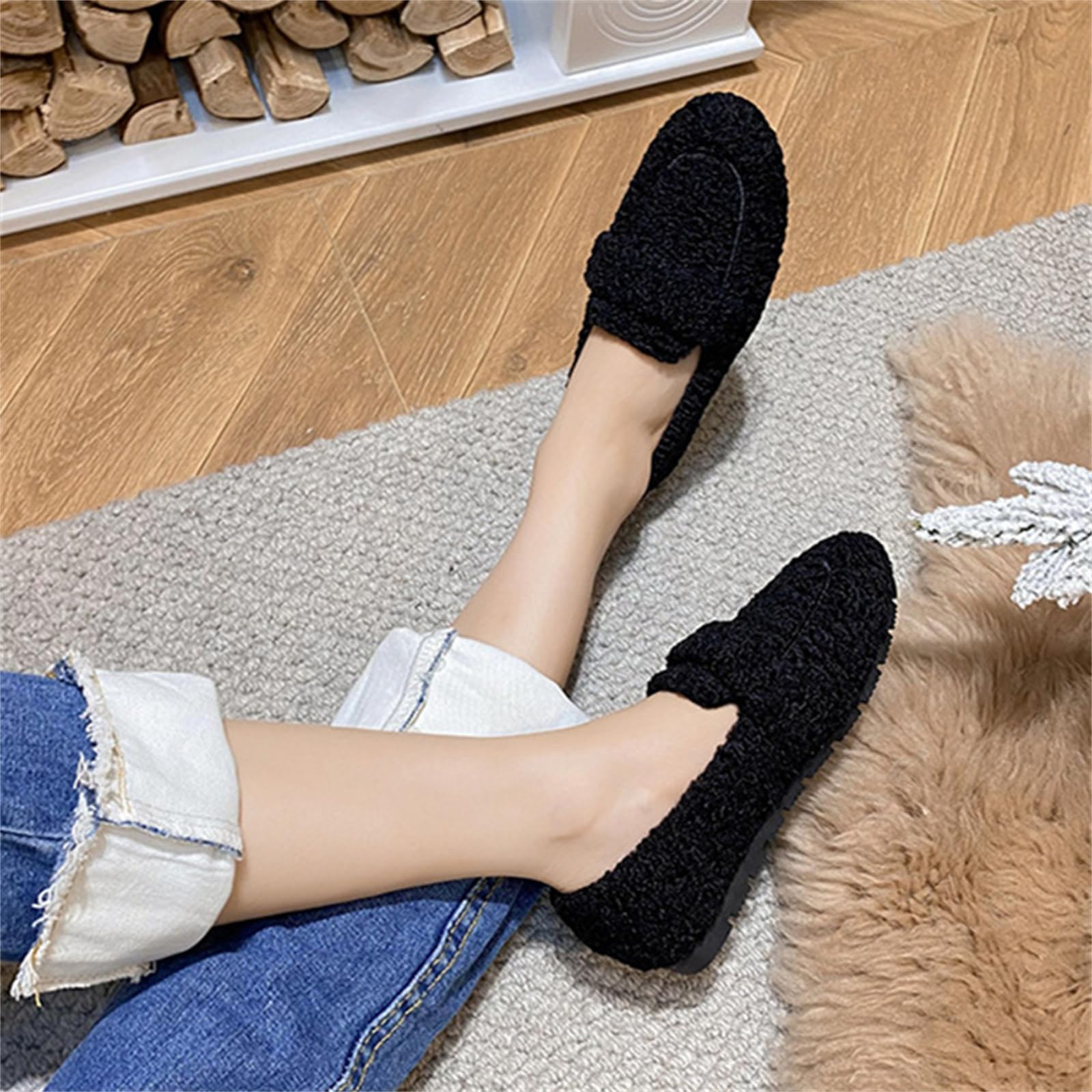 MEIION WOLFF Plüsch Pantoffel Schuhe Damen Winter Hausschuhe, Warm Weich, Memory Schaum, Rutschfest Bequem