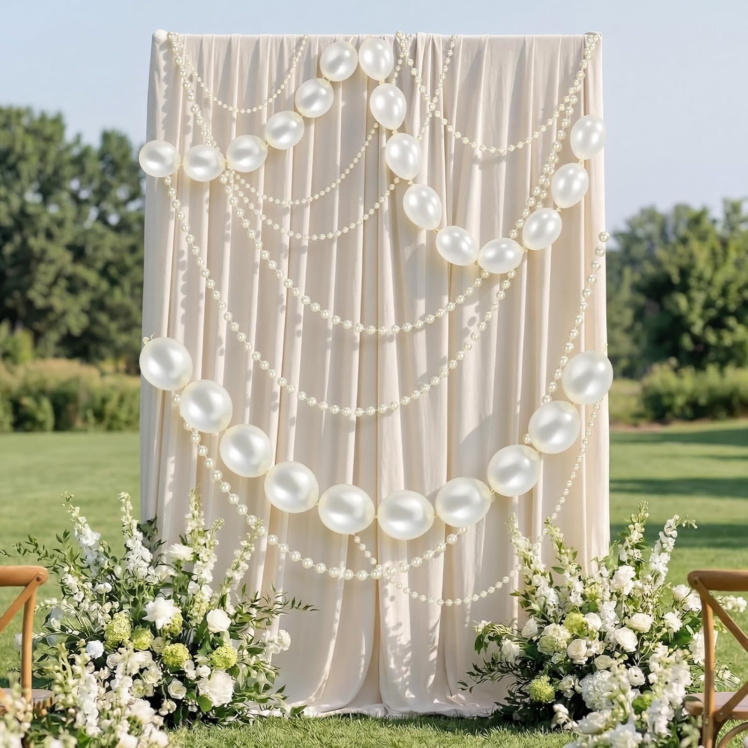 Lewtemi 100 Pcs Pearl White Quick Link Balloons with 3 Rolls 59 Ft Pearls String Garland Artificial Pearls Chain Trim Ball Hanging Banner for Wedding Birthday Bridal Baby Shower Graduation Party Decor