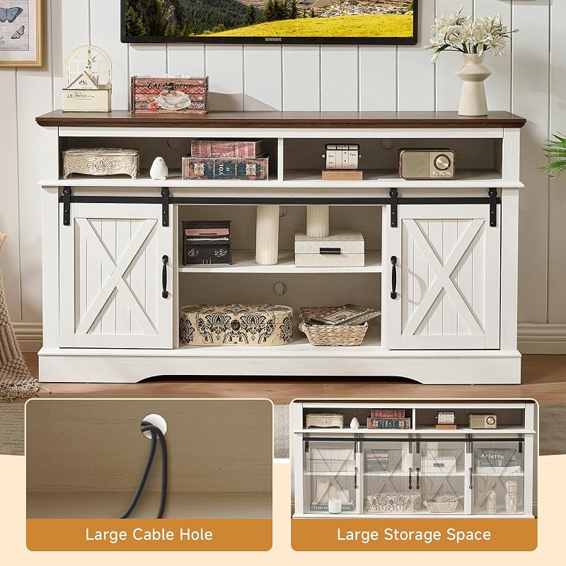 ROCKPOINT 58 Inch Farmhouse Entertainment Center,TV Stand with Sliding Barn Doors & Storage Cabinet,Highboy Media Console Fits Up to 65 Inch TVs for Living Room,White image 5