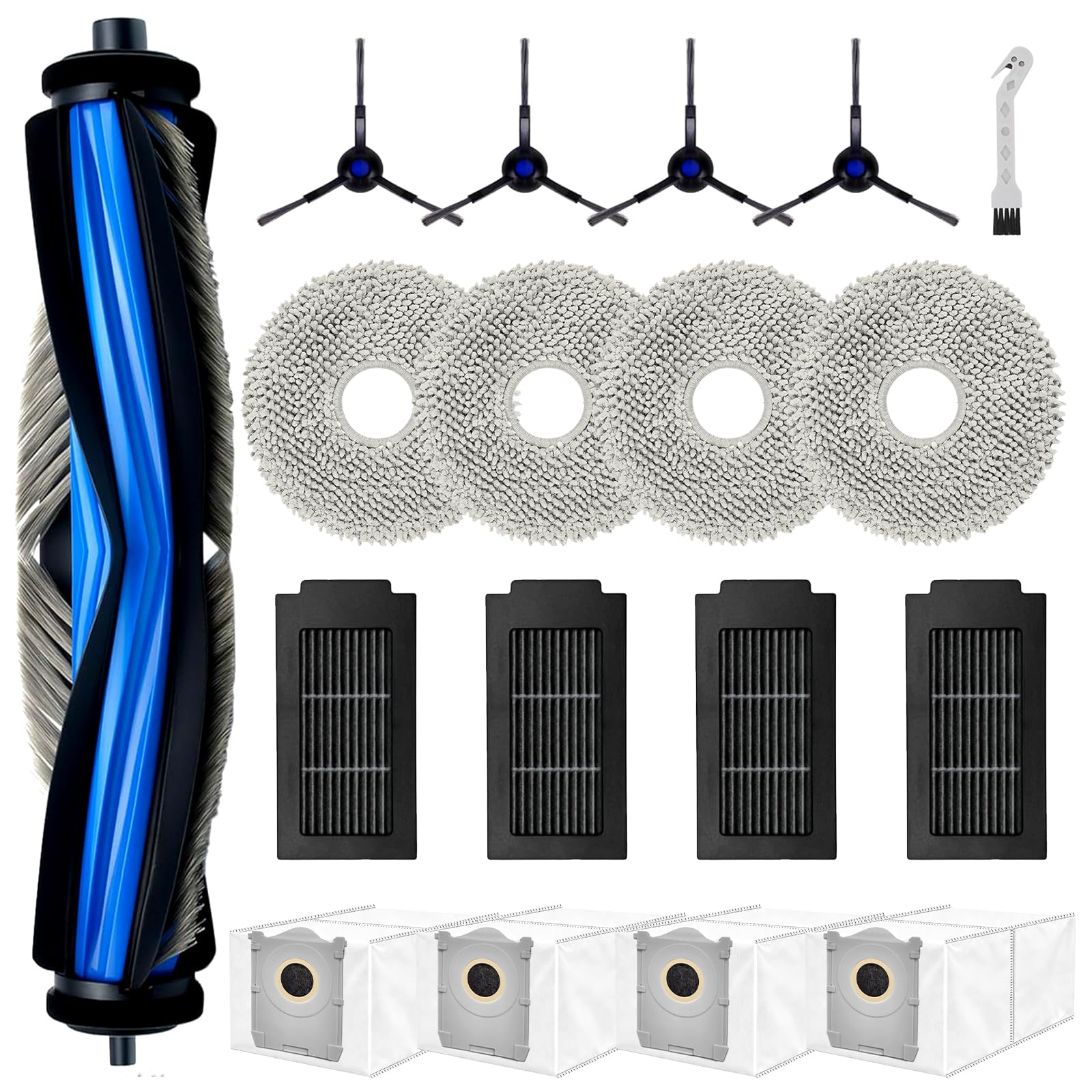 Zubehör für ECOVACS DEEBOT T50 Omni / T50 PRO Omni / T50 Pro Omni Gen2 Saugroboter, 4 Staubbeutel, 4 Wischpads, 4 HEPA Filter, 4 Seitenbürsten，1 Hauptbürste, 1 Reinigungsbürste，Ersatzteile Zubehörset