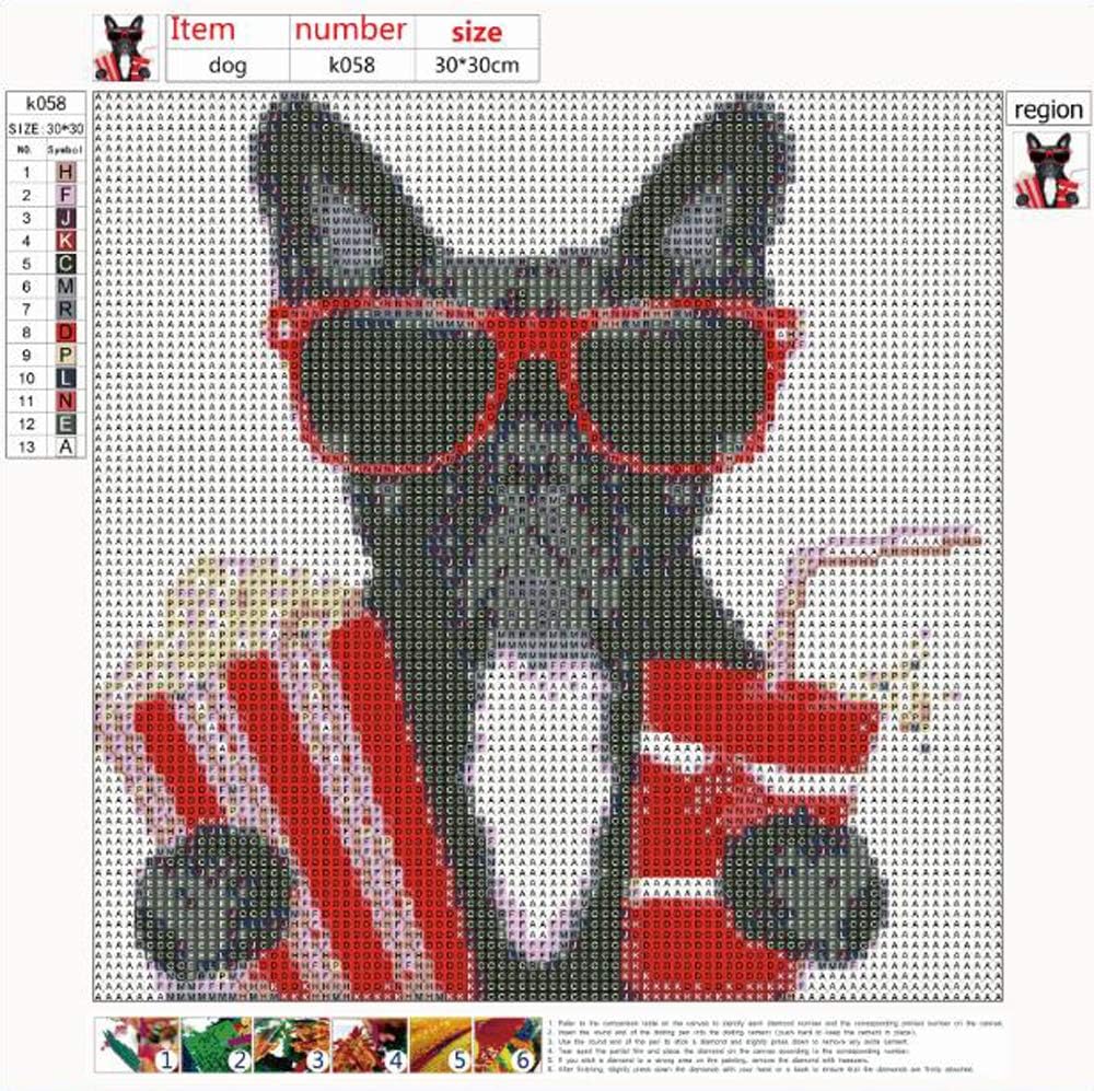 MXJSUA DIY 5D Diamond Painting Full Round Drill Kit Rhinestone Picture Art Craft Home Wall Decor 12x12In Black Bulldog Holding Popcorn and Cola