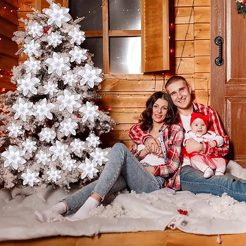 Miniatura 3 de Geosar 24 piezas de flores de Pascua con purpurina para Año Nuevo, flores artificiales en capas, adornos de árbol de boda y Año Nuevo, 346 pulgadas