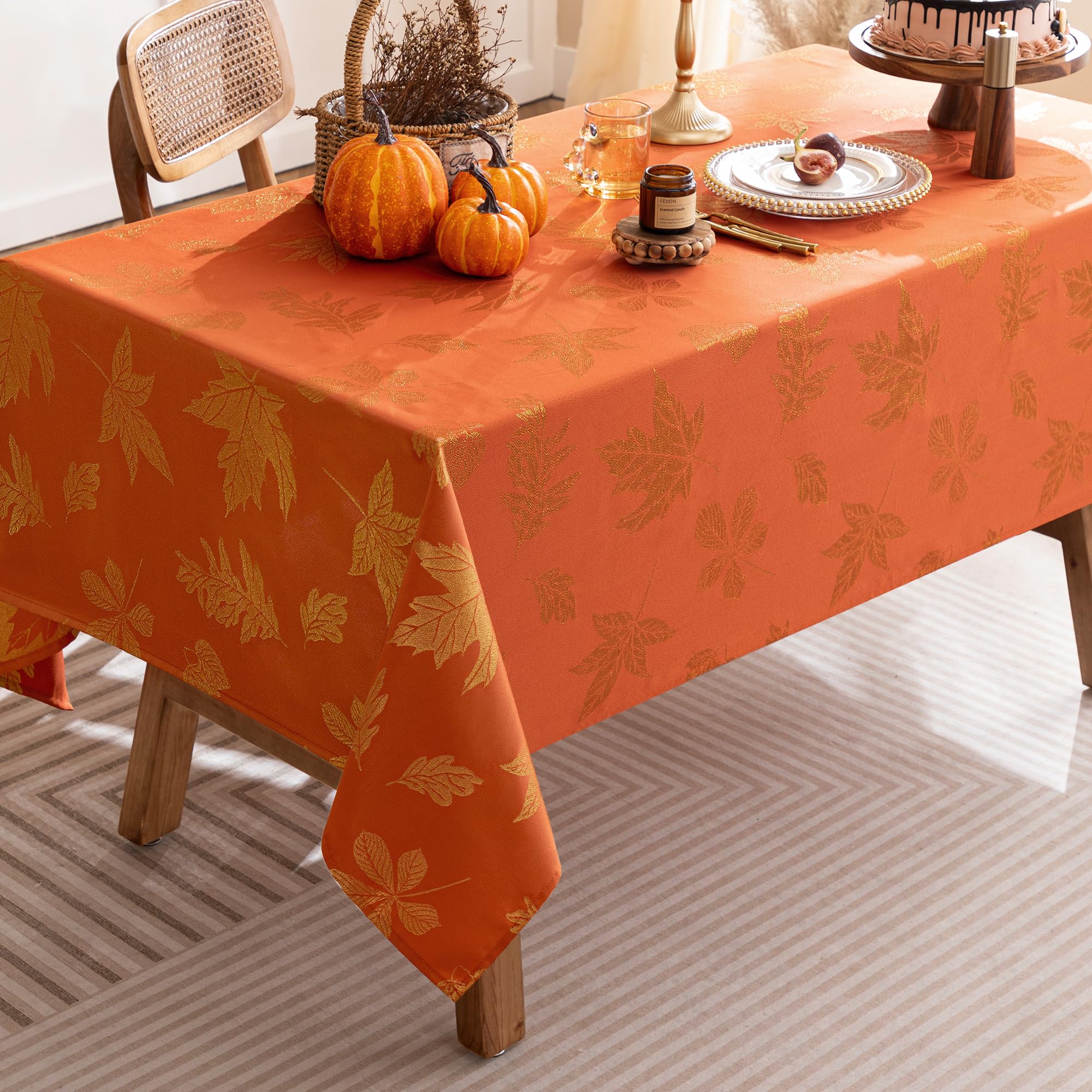 joycloth Fall Tablecloth Autumn Metallic Leaf Weaven Damask Farbric Tablecloths, Spillproof Easy Care Tablecover for Thanksgiving, Harvest, Gathering Party Decoration, Rust, 60 x 104 Inch