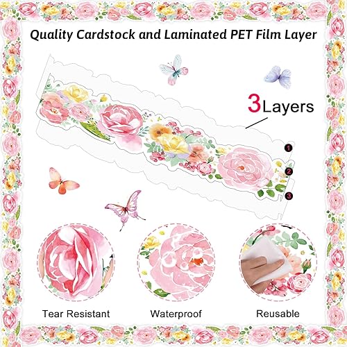 Miniatura 3 de Tablero de anuncios de flores de 67 pies, borde de acuarela, flores, mariposas, bordes con bordes temáticos de acuarela, decoraciones para escuela,