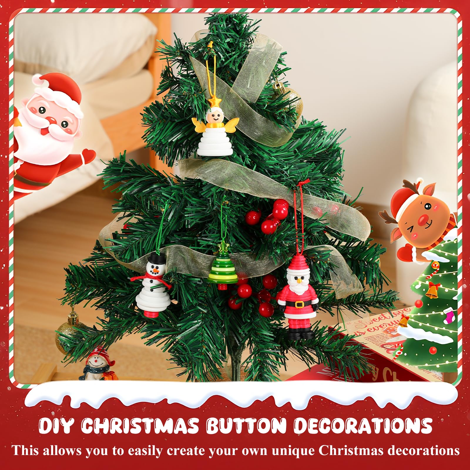 Faneswalk Christmas Button Ornament Making Set,Craft Buttons Kit with Christmas Snowman/Santa/Angel/Tree,