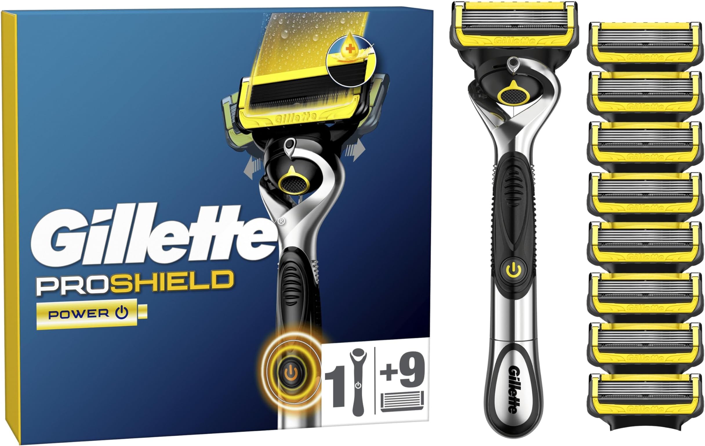 ProShield Power Razor for Men, 1 Razor Handle Plus 9 Refills, 5 Blade Mens’s Razor with Precision Trimmer