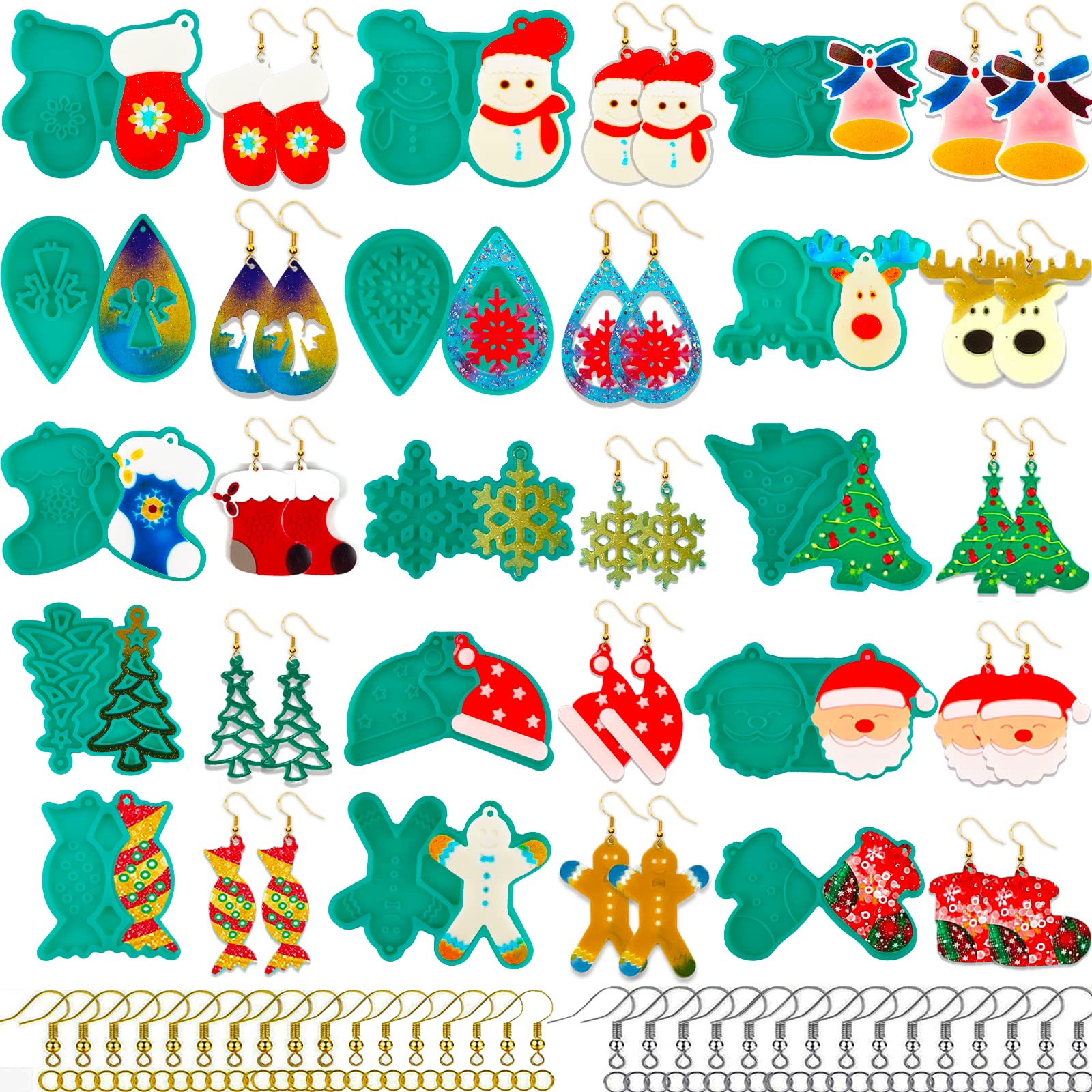 15 Pairs Christmas Earring Resin Molds with 200pcs Earring Hooks, Christmas Earring Silicone Molds for Resin Casting Mould Snowflake Elk Angel Jewelry Resin Molds for Earring Keychains DIY Crafts