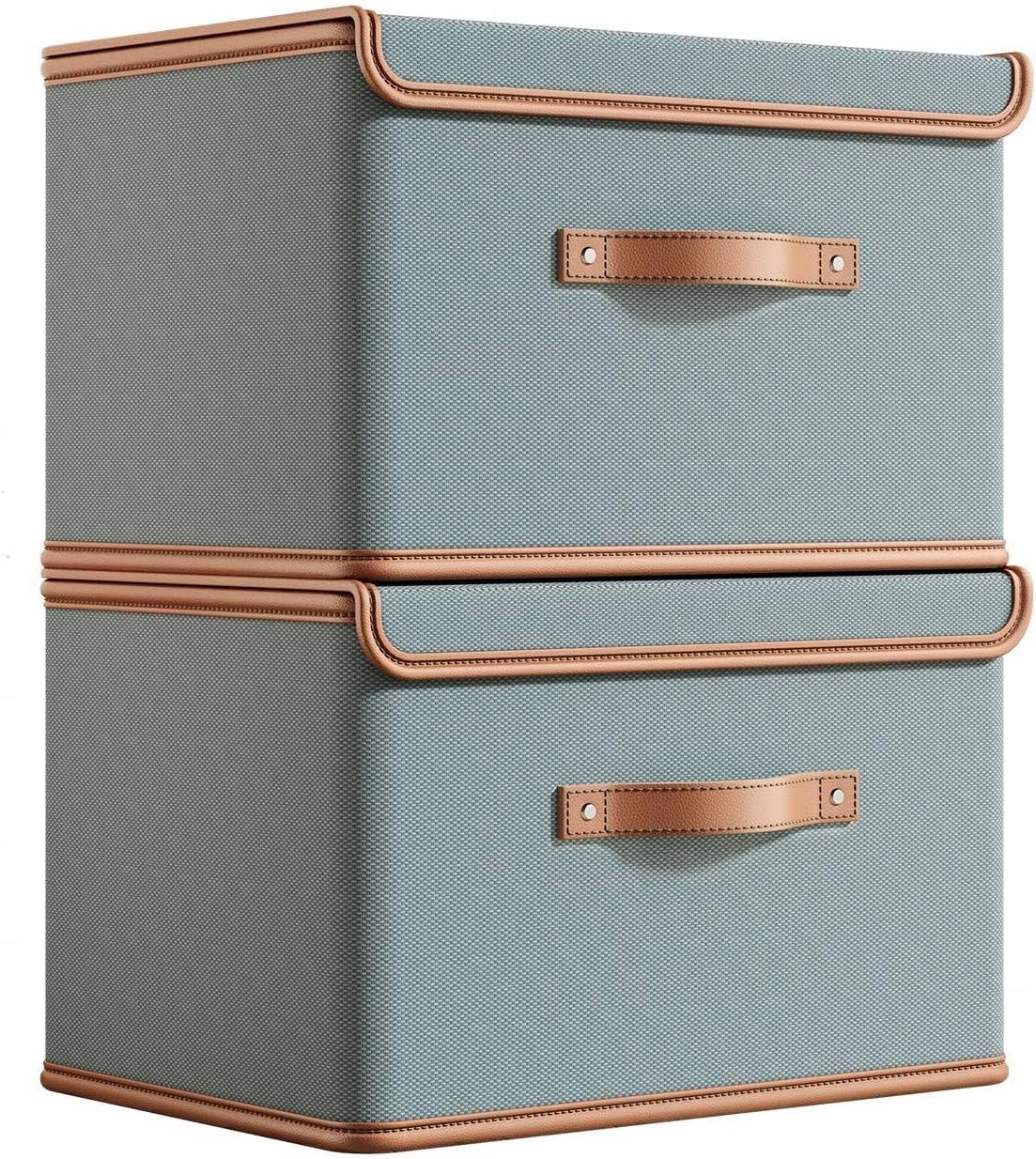 ANTOLE 2 Pack Storage Bins with Lids，Foldable Lidded Cotton Linen Fabric Home Cubes Baskets Closet Organizer Containers,Decorative Storage Boxes with Lids for Organizing Clothes, Blanket (Grey)