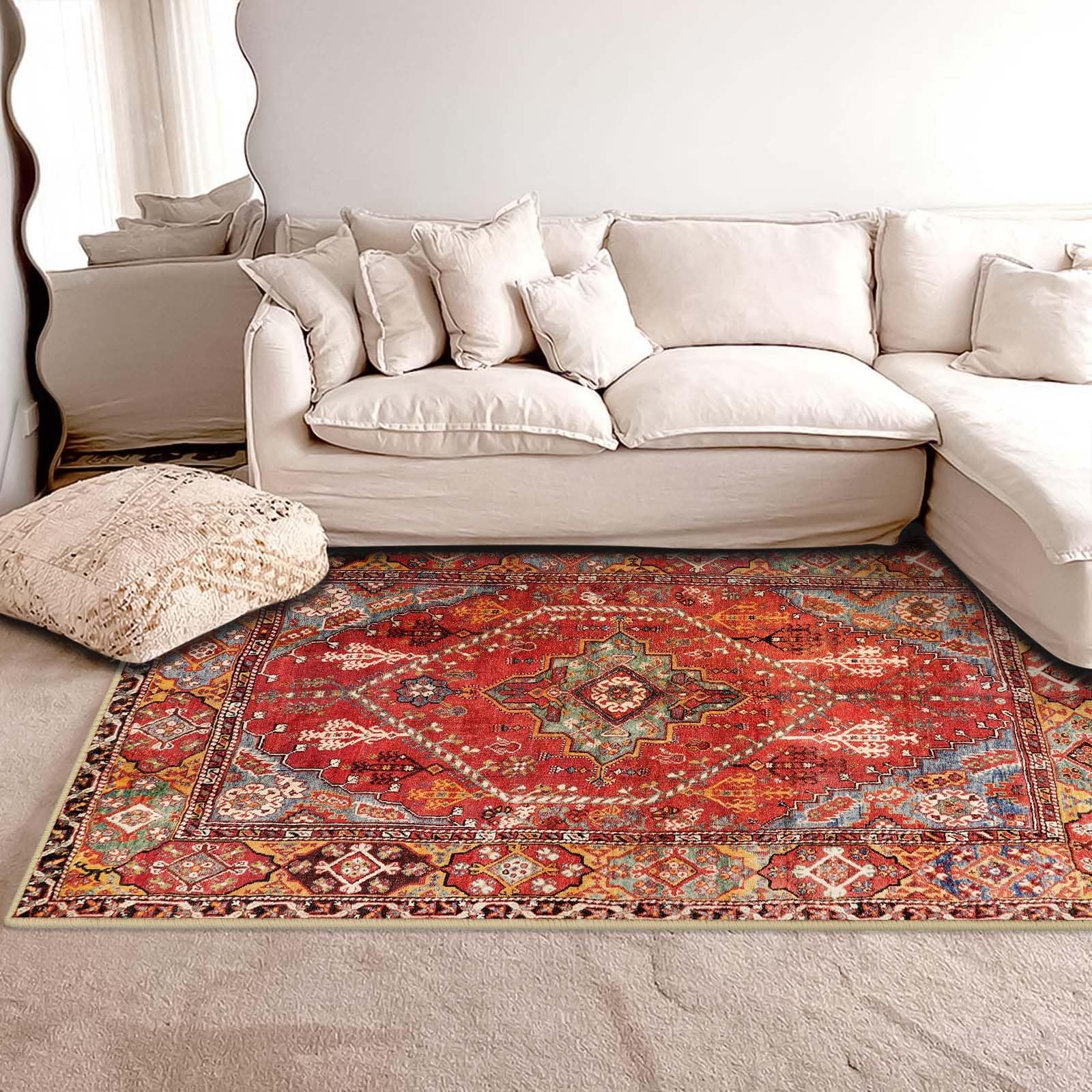 LEEVAN Washable Vintage Area Rug 5'x7', Non-Slip Soft Living Room Rugs, Large Traditional Floral Dining Room Rug, Oriental Medallion Non-Shedding Rug for Bedroom Guest Room Entryway (Orange/Multi)