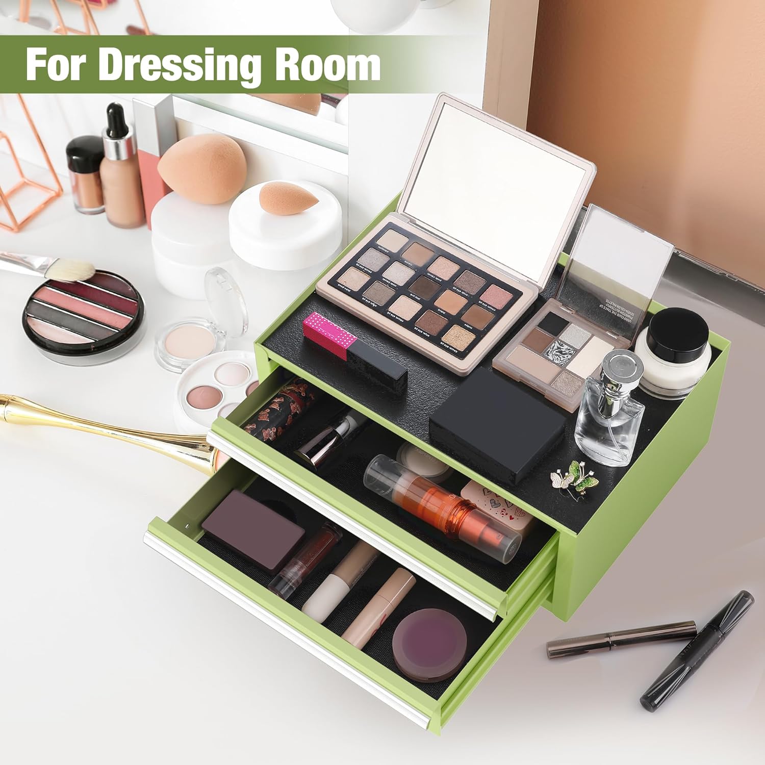 WORKPRO 12.5" Mini Tool Box with 2 Drawers & 1 Open Top Storage, Small Metal Tool Chest with PVC Liners & PP Feet Pads, Cold Rolled Steel Toolbox with Drawer Liners & Magnetic Tabs